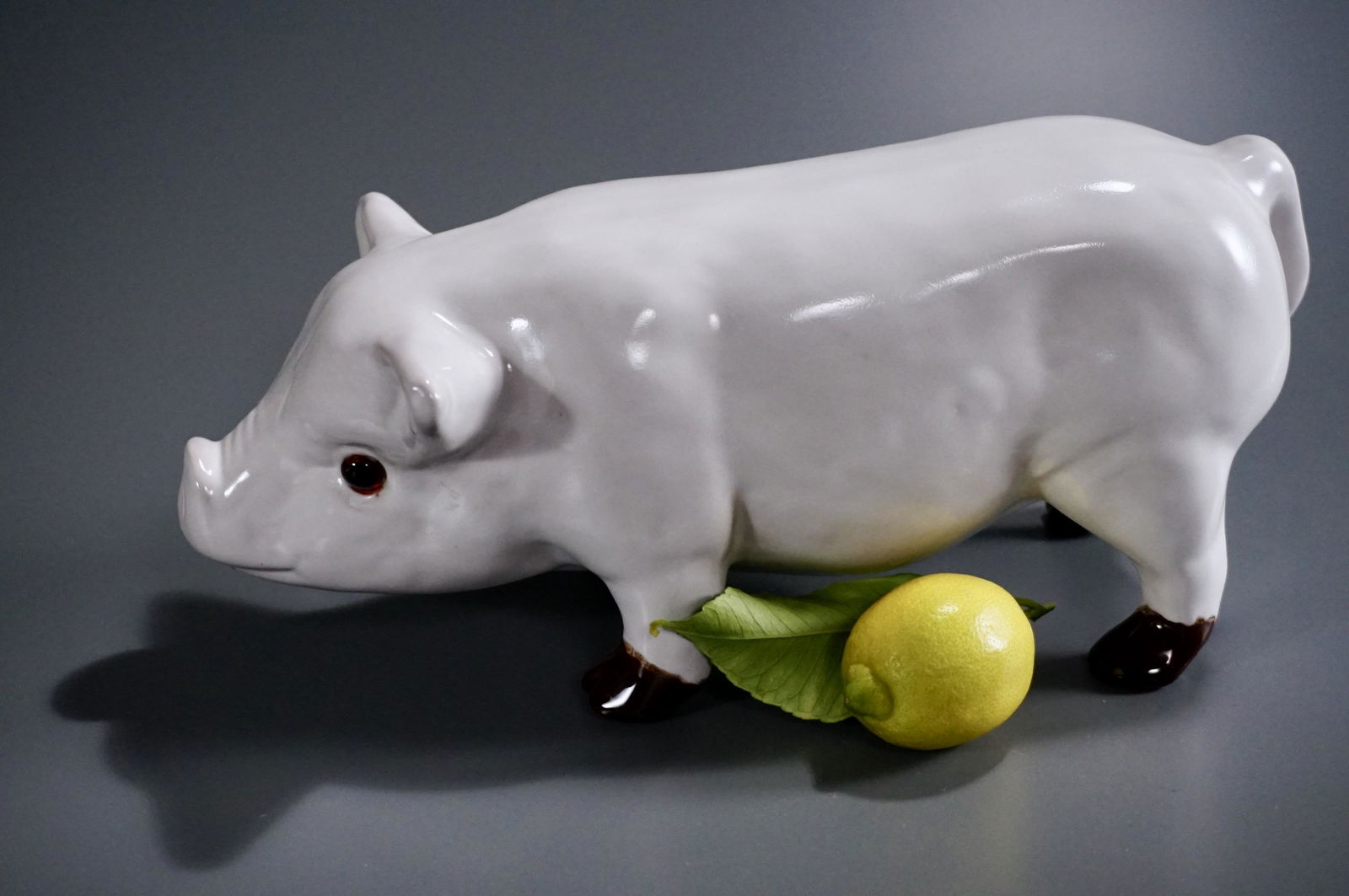 French Pottery Pig Glass Eyes Swain White Glazed Bavent (1 of 6)