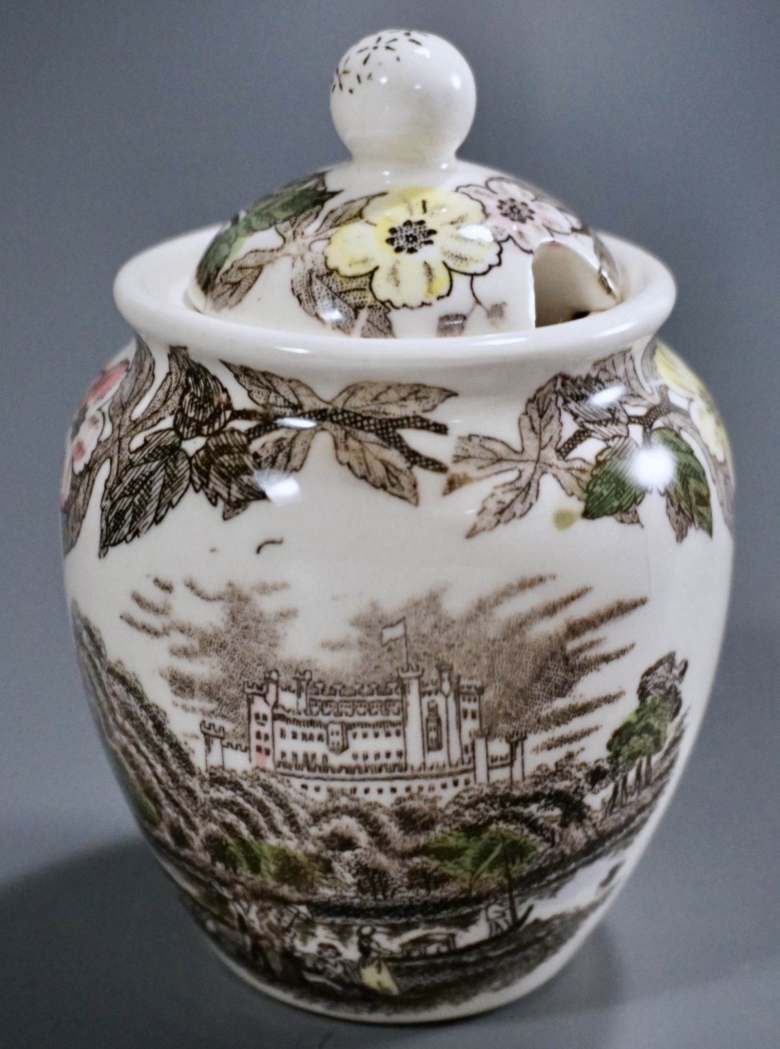 English Transferware Porcelain Mustard Jar: English Transferware Porcelain Mustard Jar Approximately 4 1/2 inches tall.