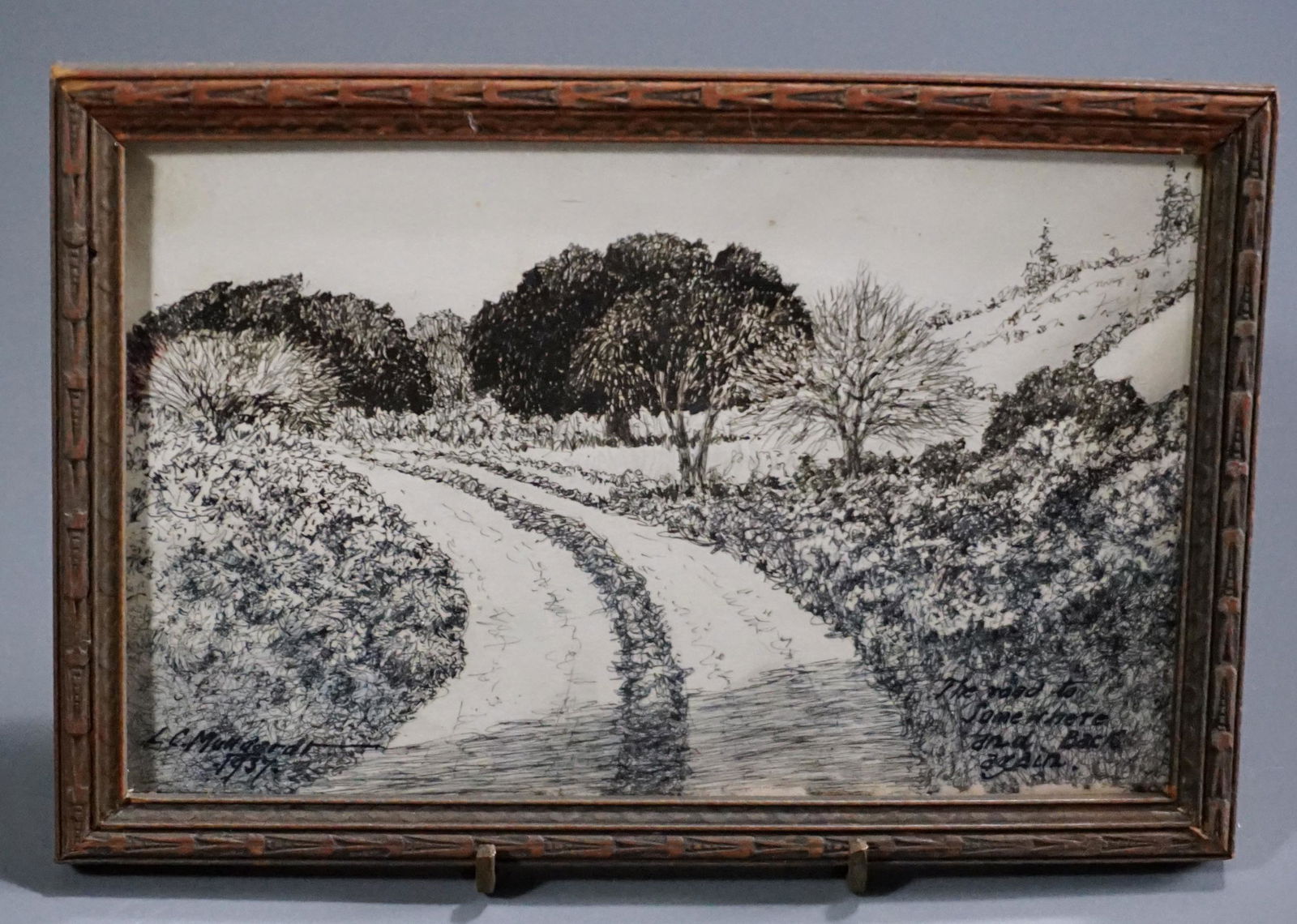 Ink on Paper Signed Drawing Vintage Frame 1938 San (1 of 5)