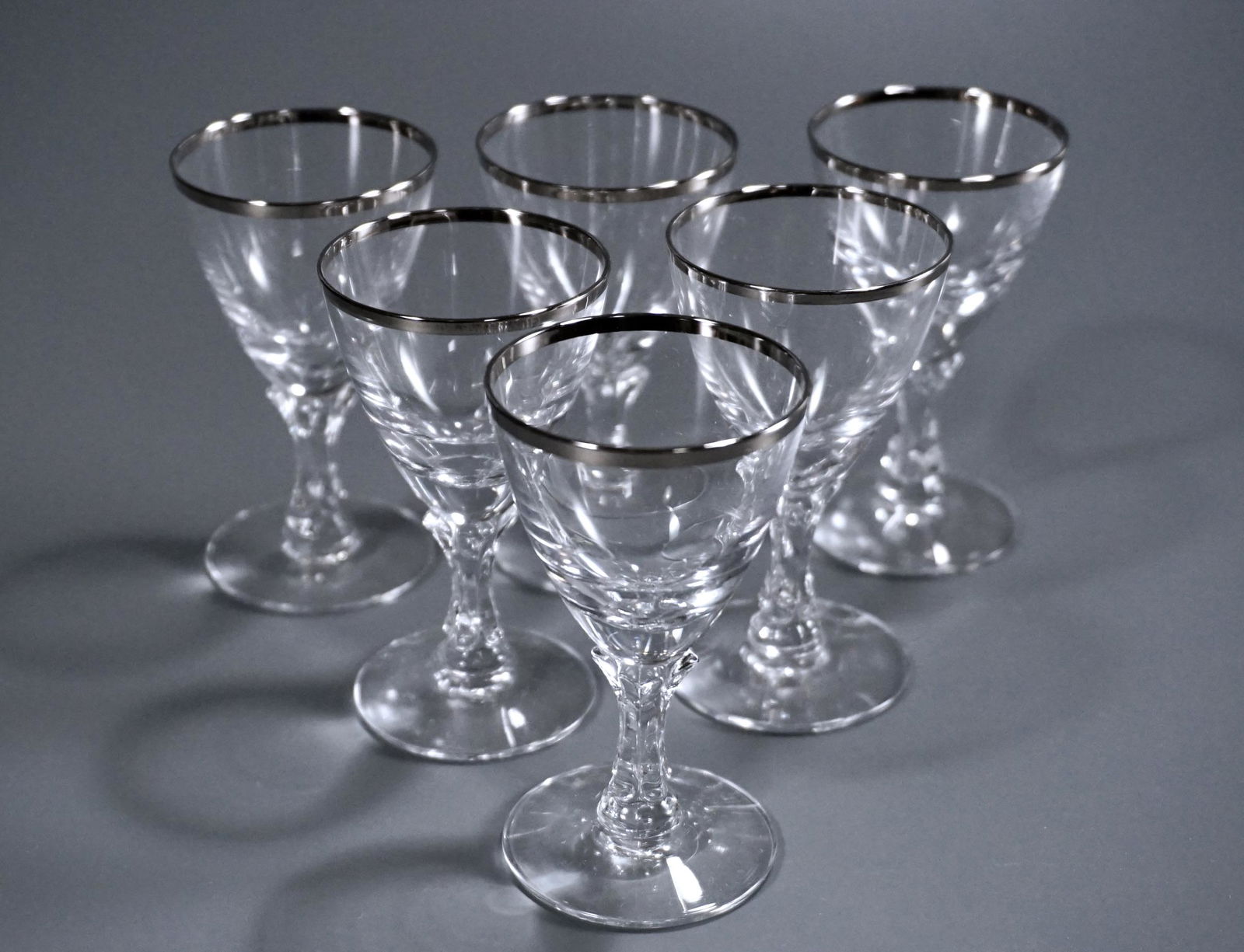 Wedding Ring Crystal Art Deco Cordials Silver Platinum: Wedding Ring Crystal Art Deco Cordials Silver Platinum Rimmed Stem Fostoria Glass Lot of 6 Approximately 3 1/8 inches tall x 1 3/4 inches in diameter.