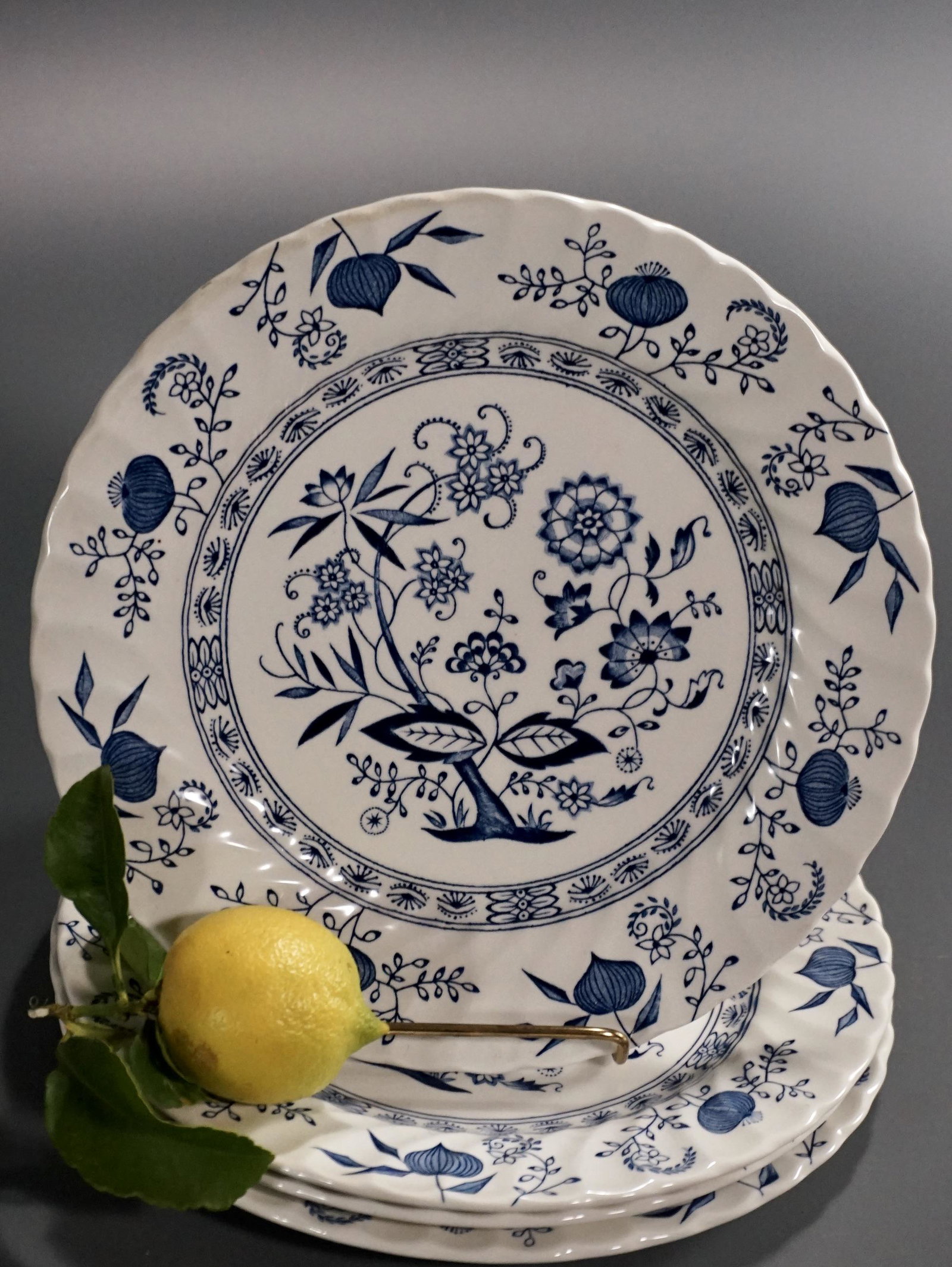 Blue Nordic Johnson Brothers Dinner Plates English: Blue Nordic Johnson Brothers Dinner Plates English Ironstone Lot of 4 Approximately 9 11/16 inches in diameter.