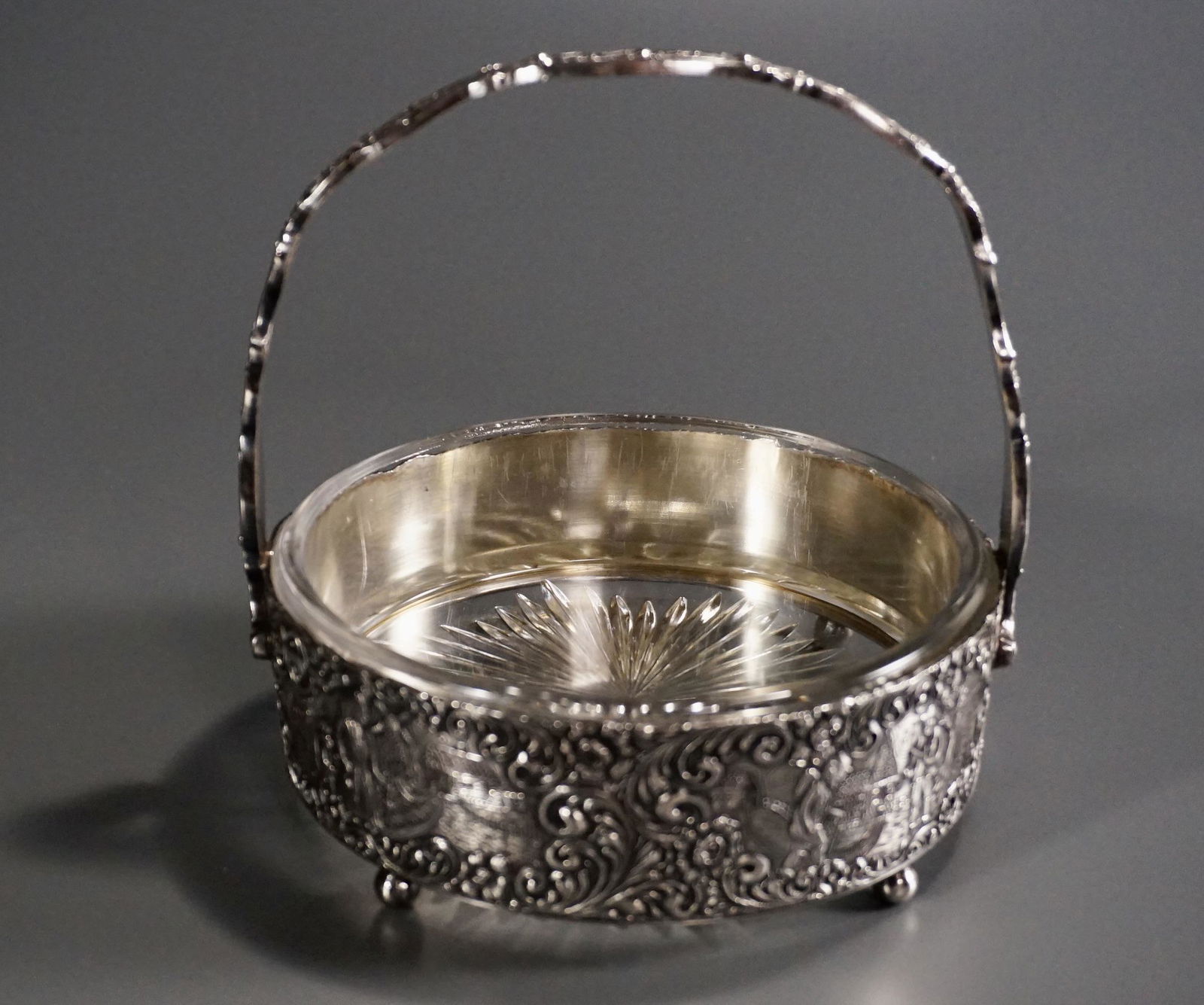 Dutch Silver Ornate Repousse Scenic Glass Lined Basket (1 of 8)