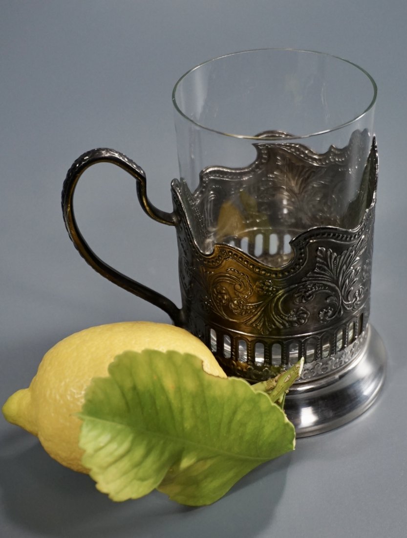 Russian Tea Glass Holder Podstakannik: Russian Tea Glass Holder Podstakannik Approximately 4 1/2 x 3 3/8 x 4 1/16 inches tall without the glass.