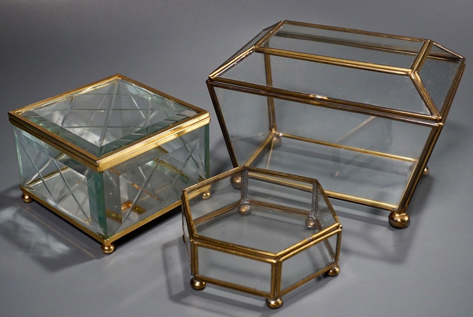 Glass Casket Vanity Trinket Box Lot of 3 Hinged Jewelry (1 of 4)