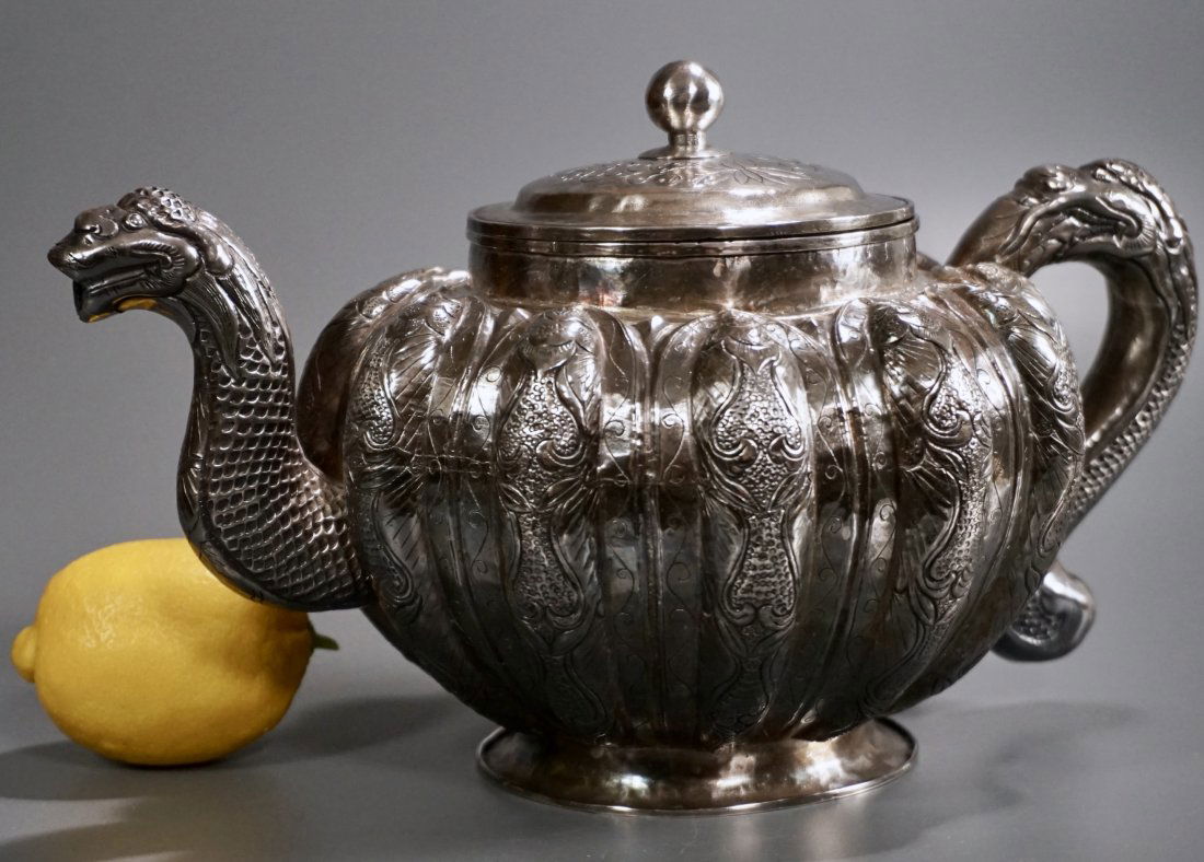 Large Oriental Teapot Hand Chiseled Dragon (1 of 8)