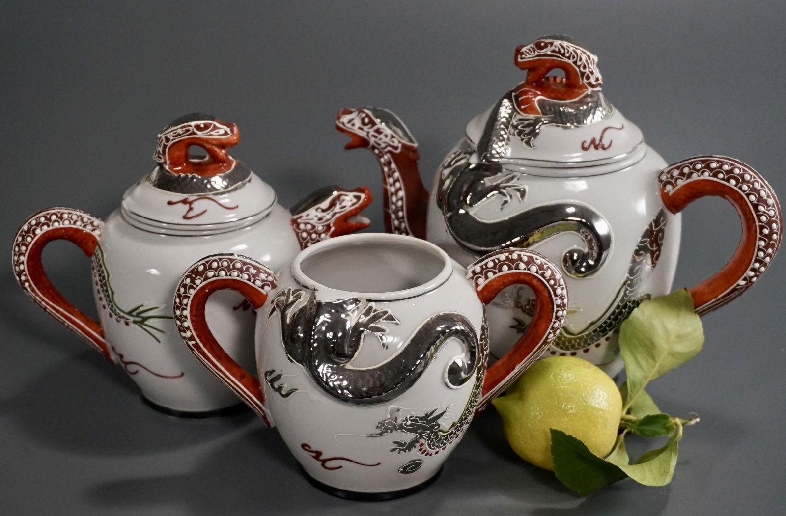Kutani China Moriage Silver Dragon Tea Set Teapot (1 of 8)