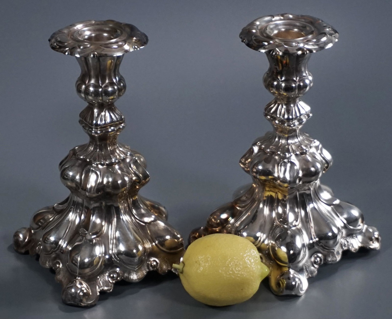 Vintage Silver Baroque Style Candle Holders Hallberg: Vintage Silver Baroque Style Candle Holders Hallberg Sweden Approximately 7 inches tall on 4 1/4 x 4 1/8 inches base.