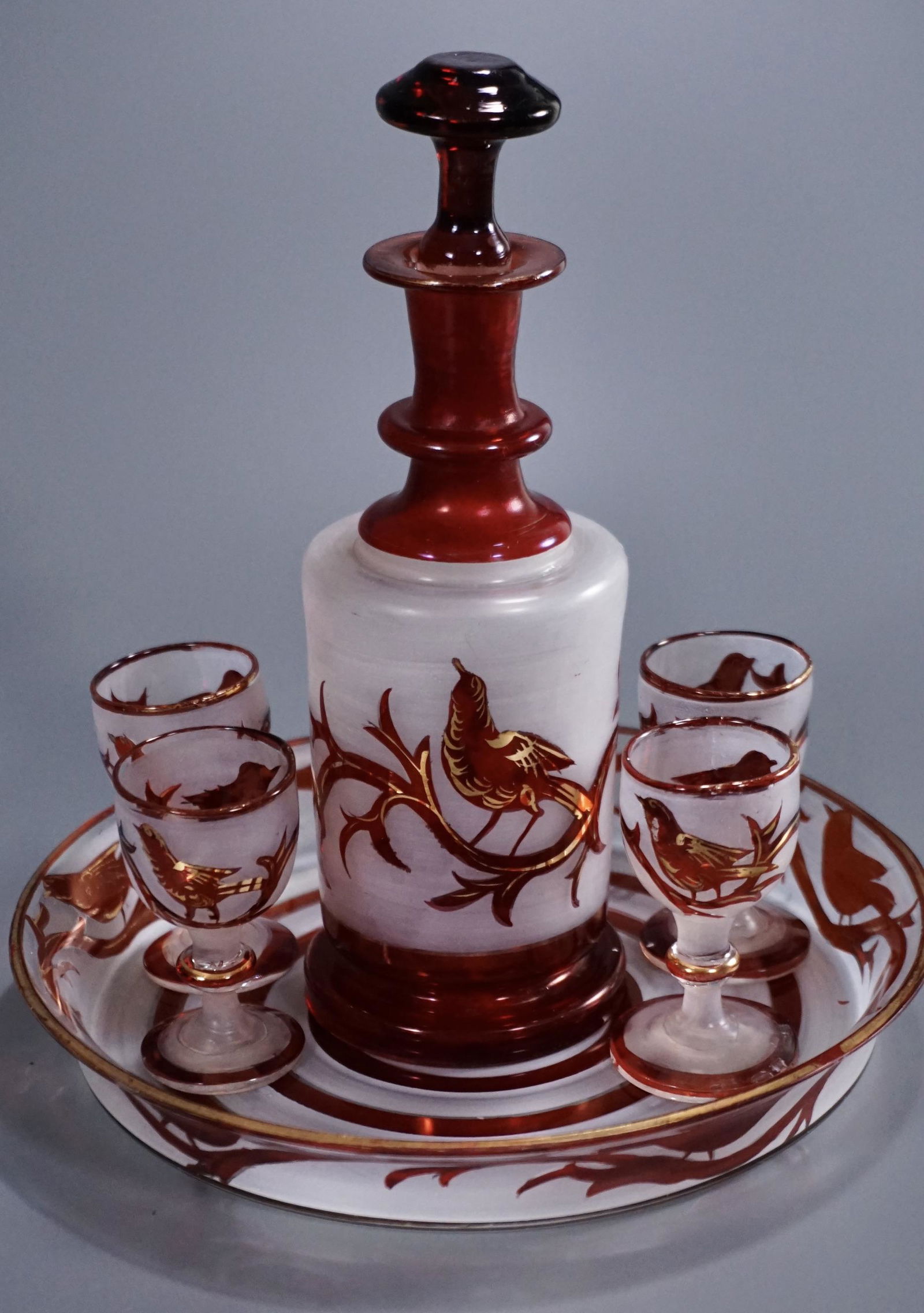 19th Century Bohemian Bird Ruby Red Decanter Tray Set (1 of 10)