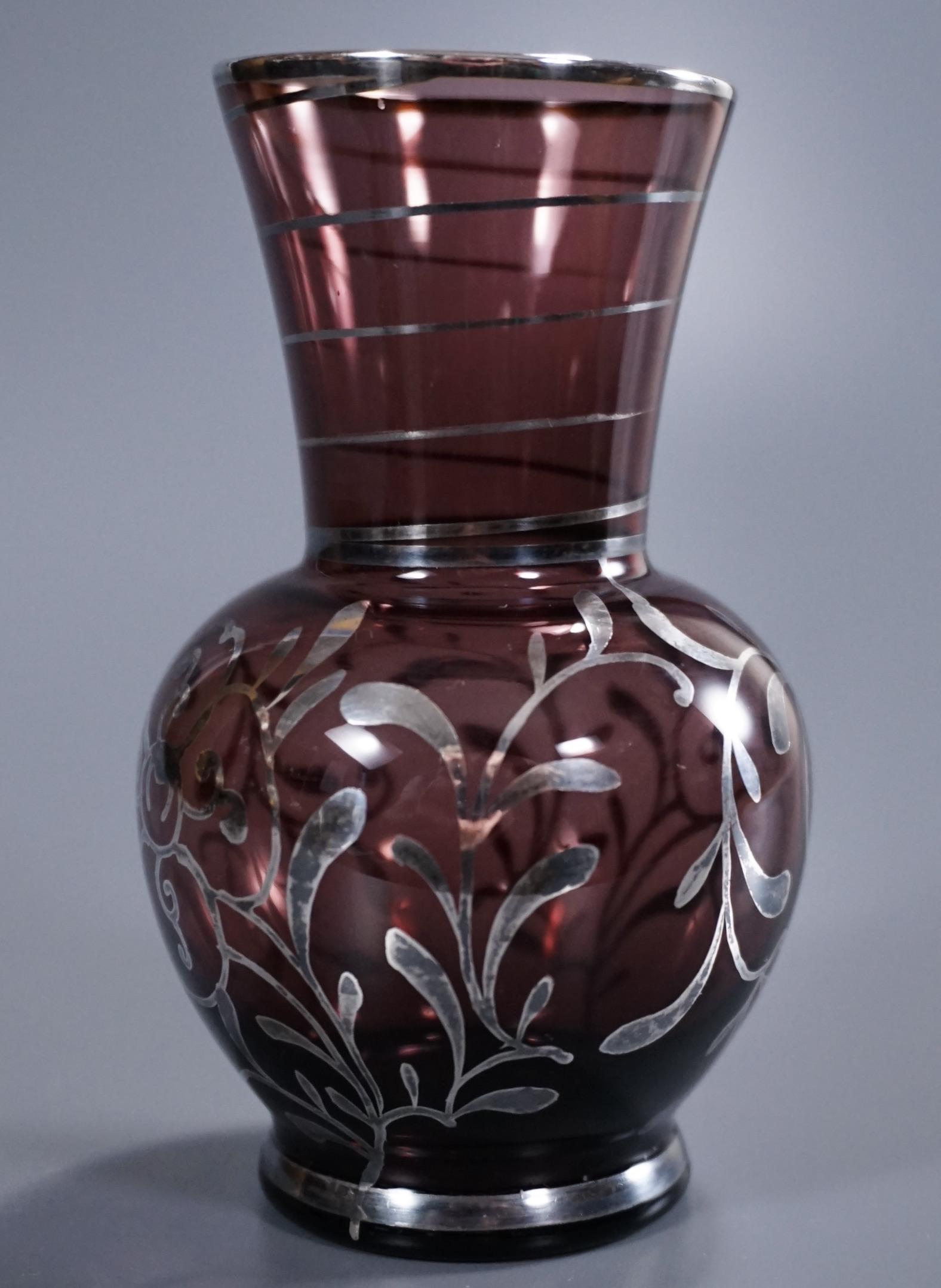 Silver Overlay Vintage Glass Vase: Silver Overlay Vintage Glass Vase Approximately 4 inches tall.