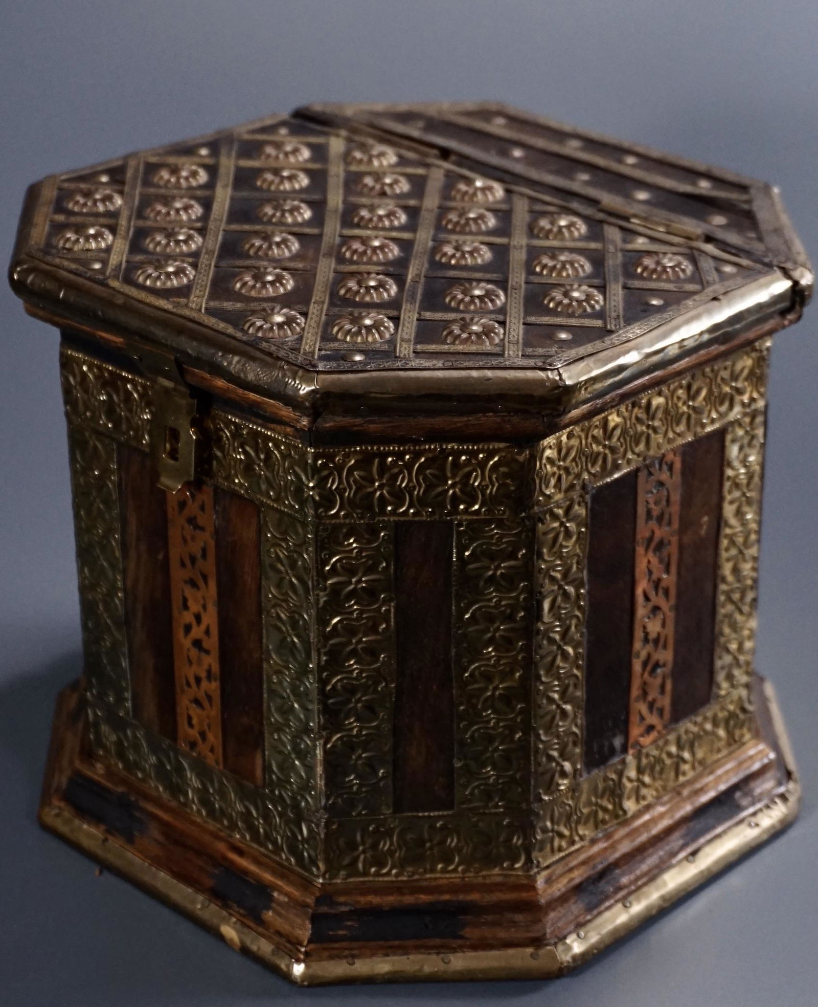 Brass Clad Flower Head Nail Decorated Wooden Box (1 of 7)