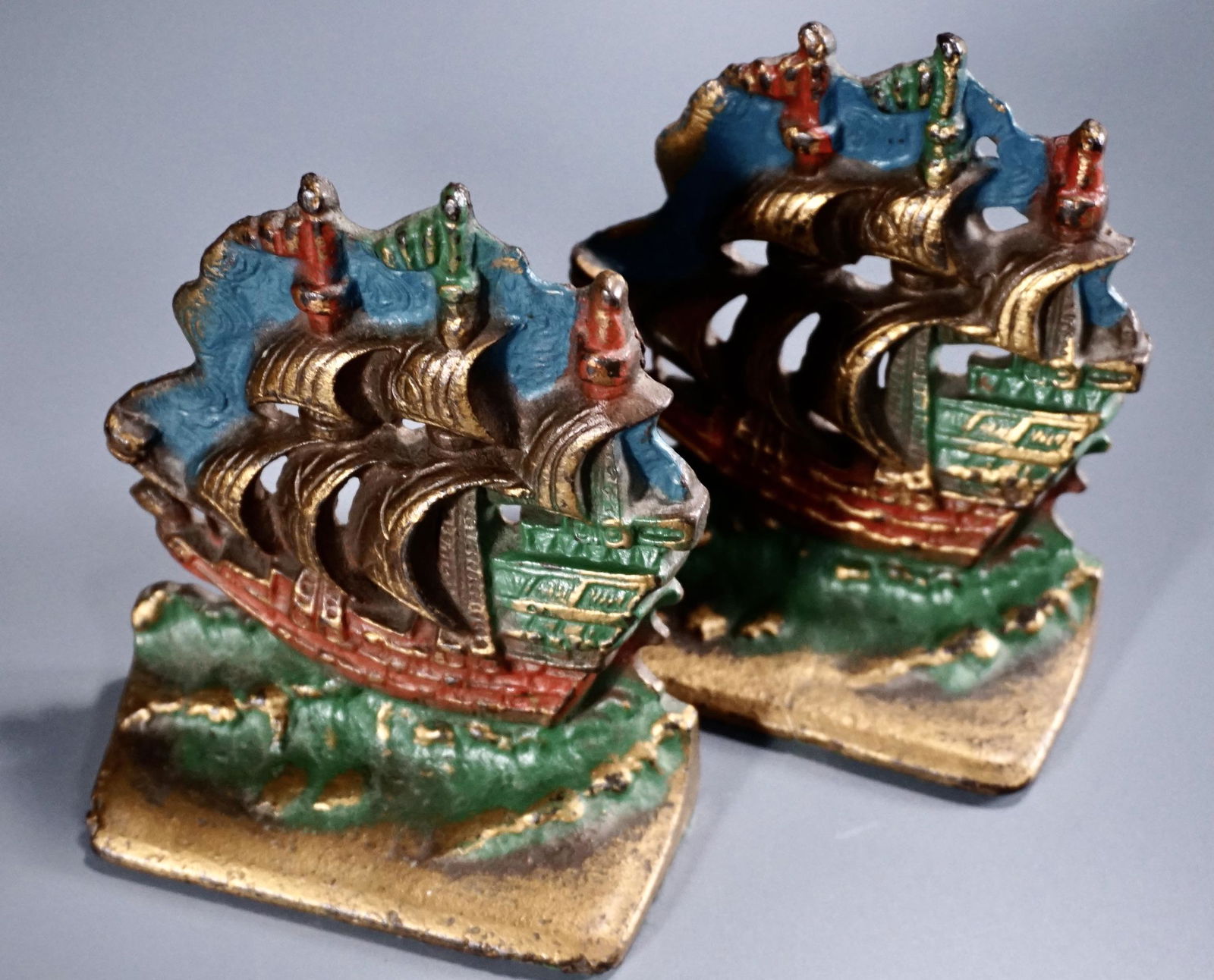 Painted Cast Metal Sailing Ship Bookend Pair of Vintage (1 of 6)