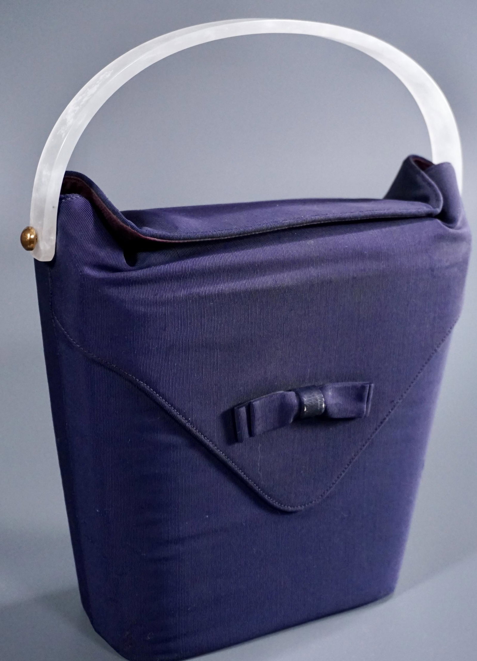 Vintage Mid Century Womens Purse Lucite Handle Blue: Vintage Mid Century Womens Purse Lucite Handle Blue Cloth Handbag Approximately 3 x 8 3/4 x 9 1/4 inches tall without the handles.