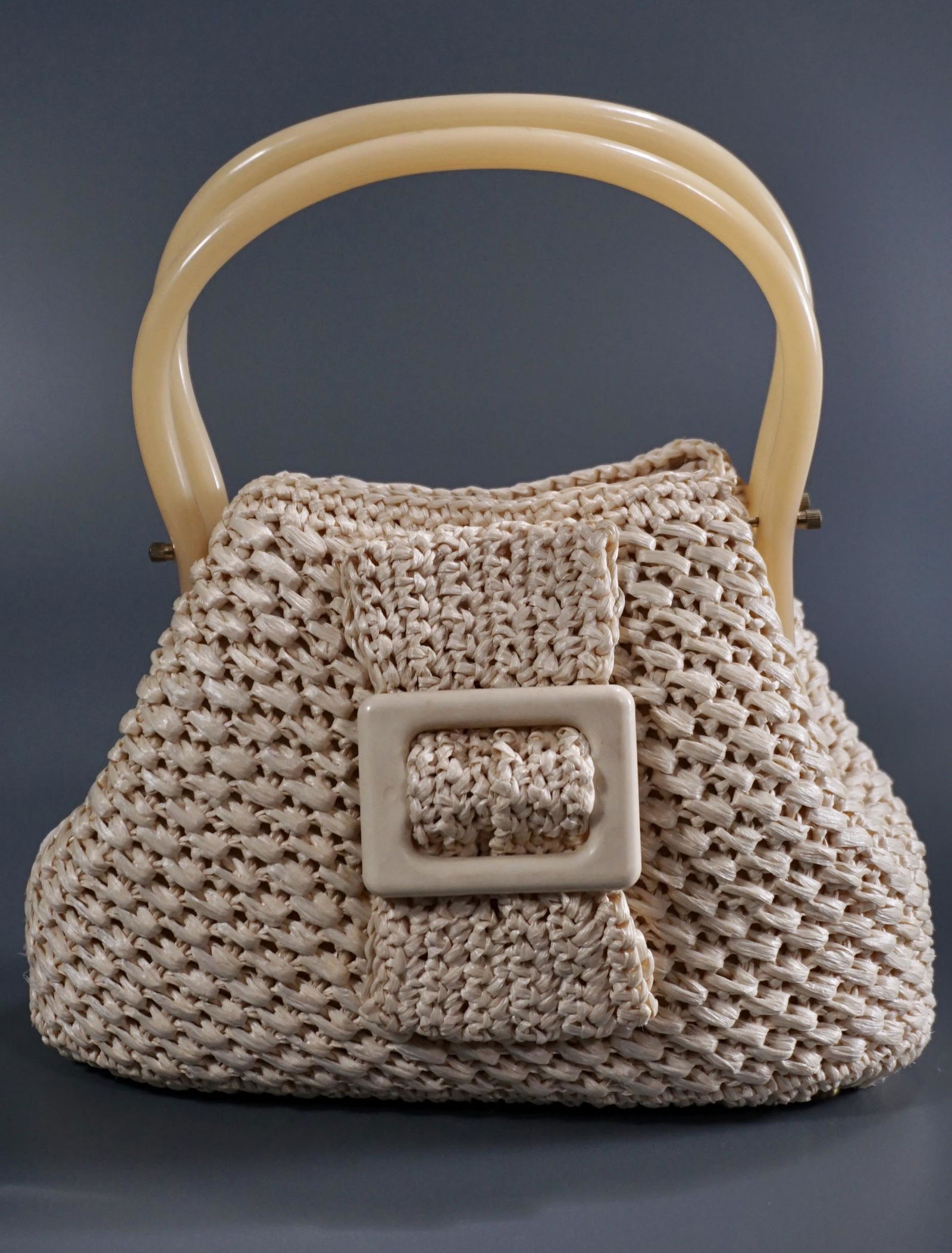 Mid Century Raffia Crochet Bag Lady Purse Lucite (1 of 8)