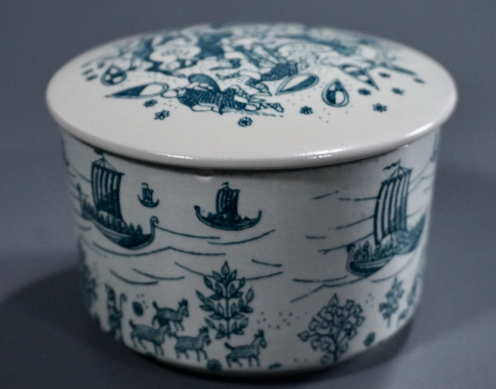 Dutch Viking Mid Century Trinket Box Nymolle Art: Dutch Viking Mid Century Trinket Box Nymolle Art Faience Hoyrup Limited Edition Approximately 2 5/8 inches tall x 3 3/4 inches in diameter.