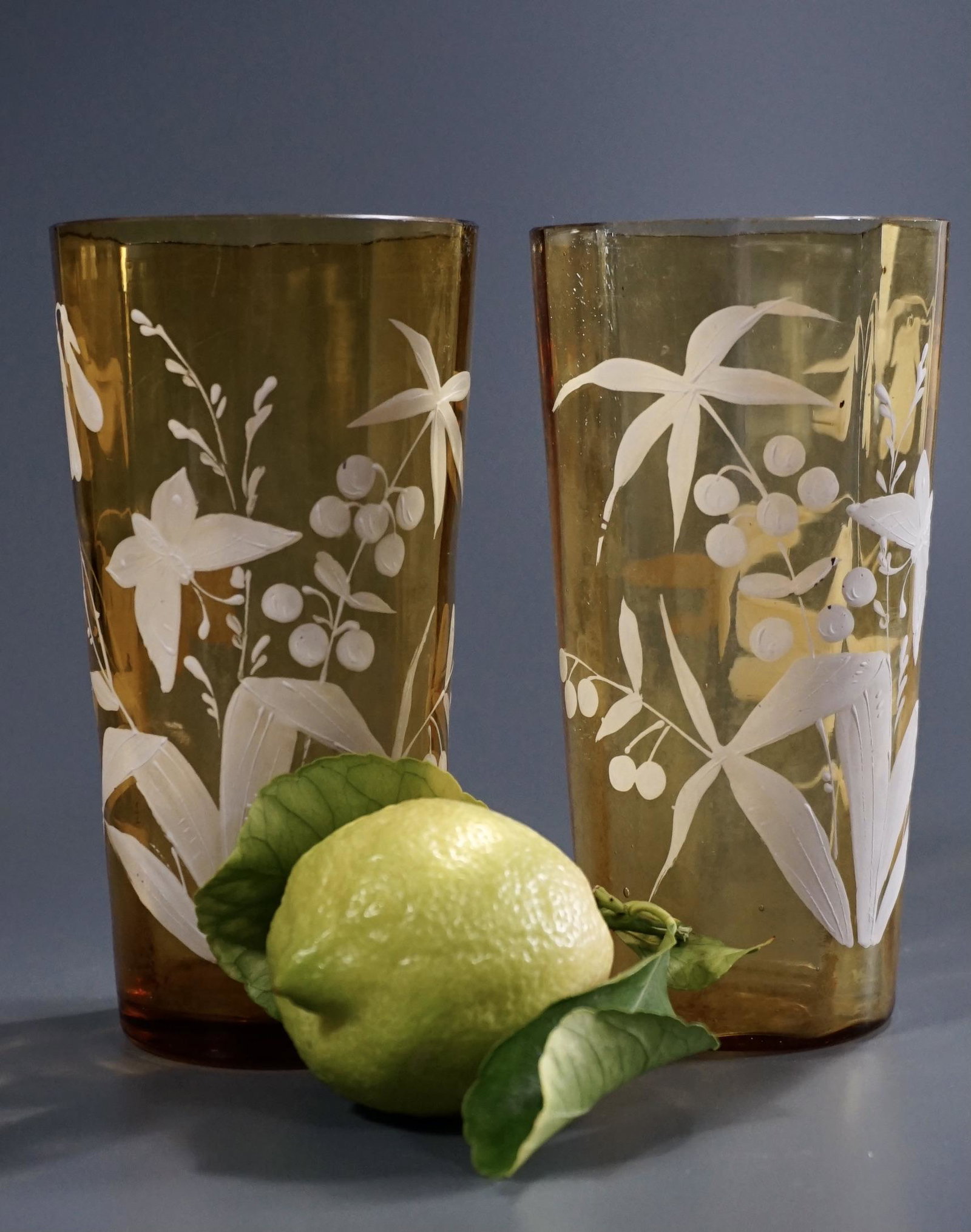 Enamel Painted Victorian Lemonade Glass Lot of 2: Enamel Painted Victorian Lemonade Glass Lot of 2 Glasses Approximately 5 1/2 inches tall.