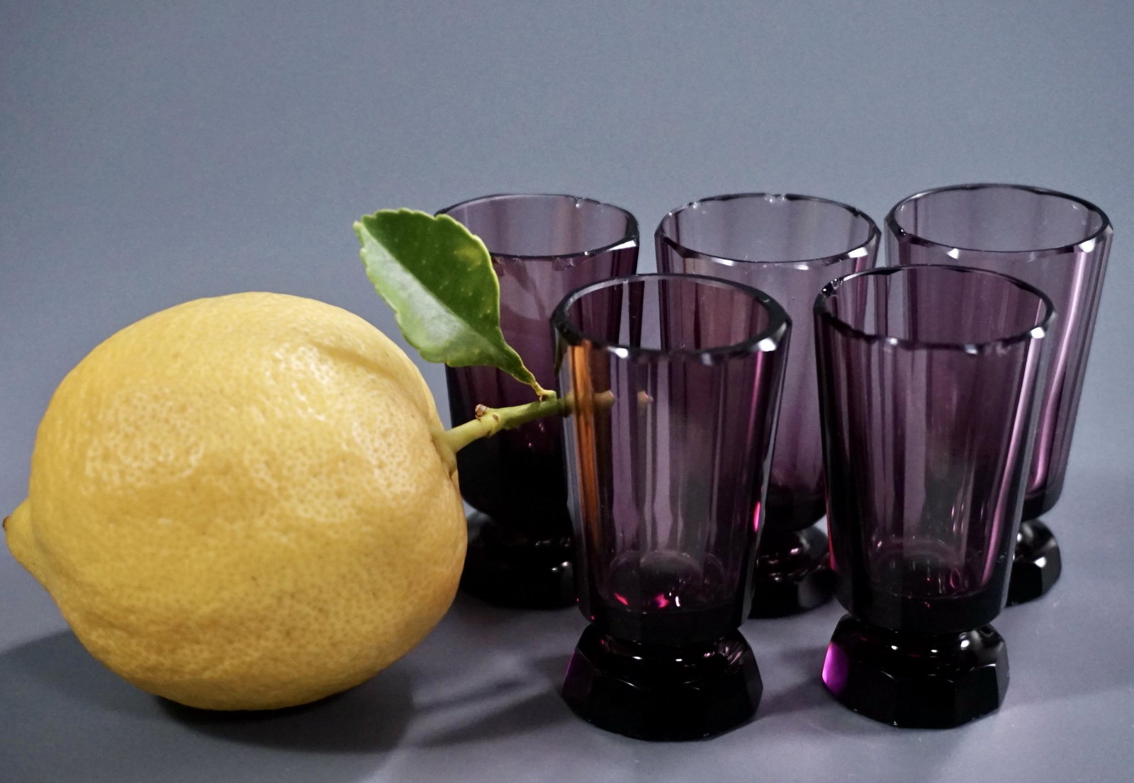 Panel Cut Amethyst Glass Cordials Lot of 5 Antique: Panel Cut Amethyst Glass Cordials Lot of 5 Antique Liqueur Glasses Approximately i2 3/8 nches tall.