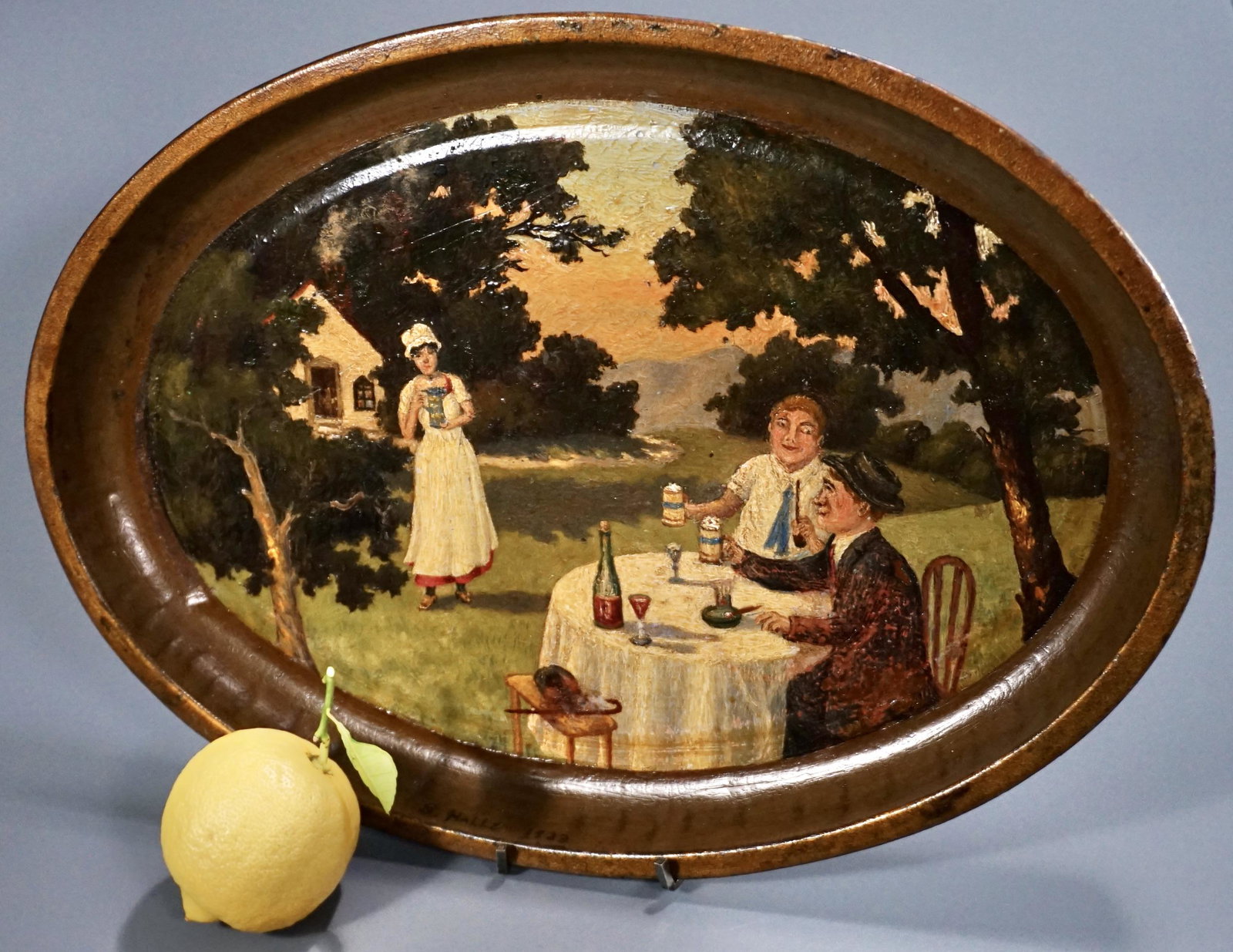 German 1933 Beer Tray Signed S. Hall Folk Painted Oval (1 of 7)