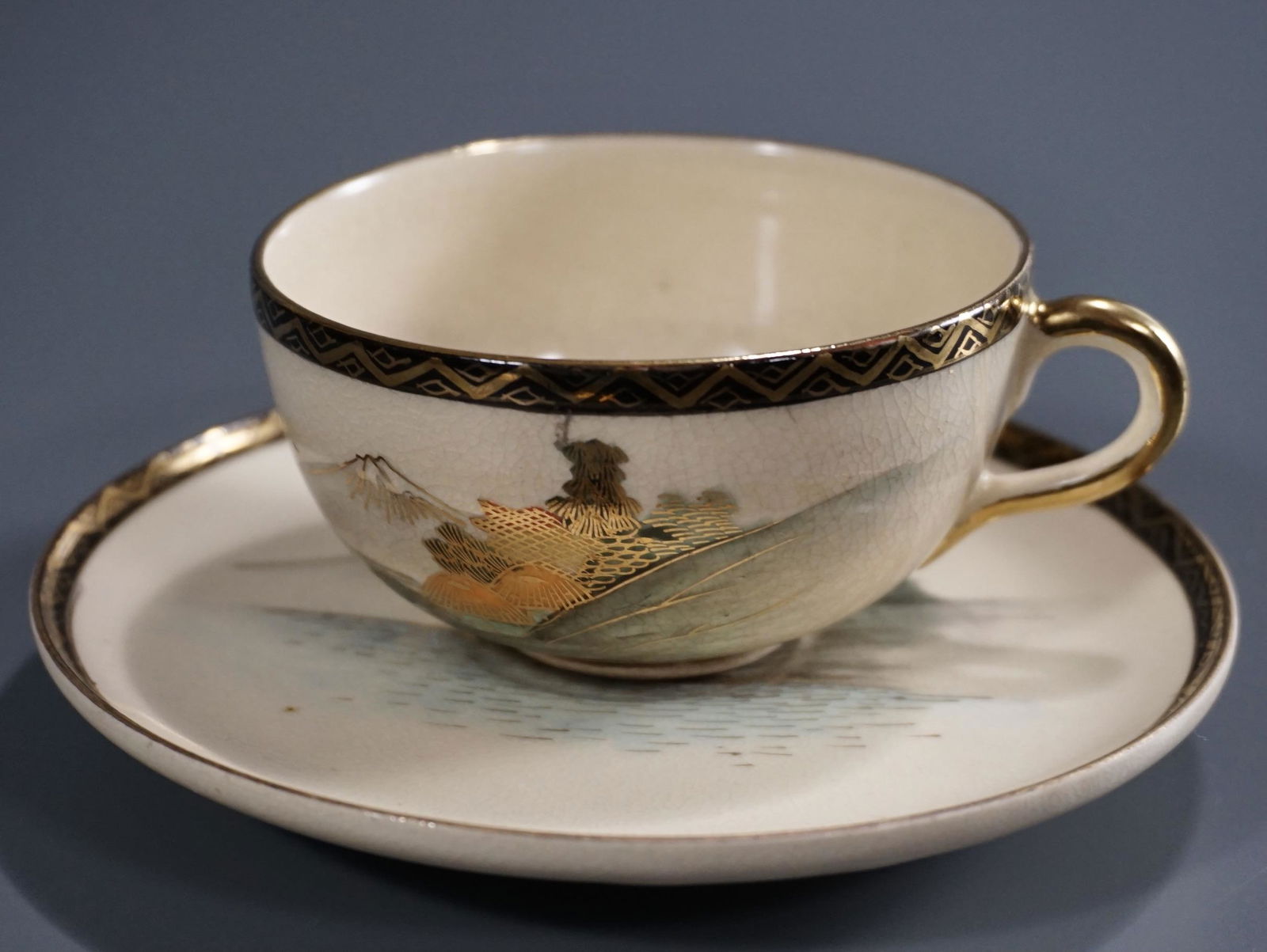 Japanese Tea Vintage Mount Fuji Pottery Cup Saucer Set (1 of 7)