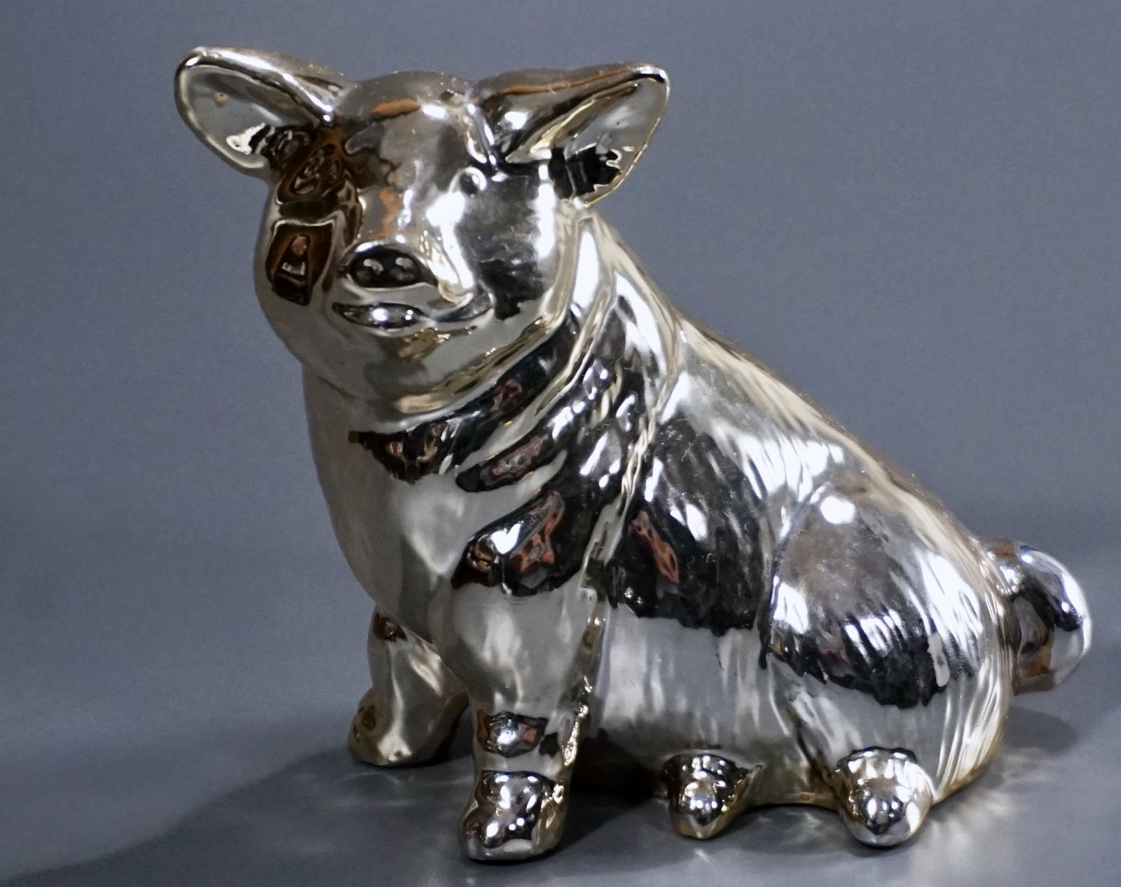 Vintage Ceramic Pig Figurine Silver Mirror Metallic (1 of 5)