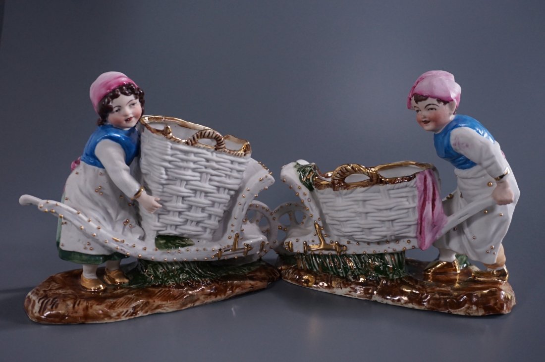 Wheelbarrow Gardening Children German Antique Bisque: Wheelbarrow Gardening Children German Antique Bisque Porcelain WKC Grafenthal Weiss Kuhnert & Co c 1900 Pair Approximately 7 x 3 x 6 inches tall and 7 x 2 7/8 x 5 5/8 inches tall.