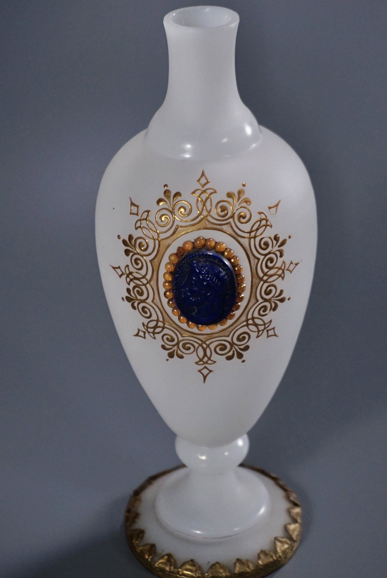 Etruscan Cameo Bristol Glass Vase Jeweled Inset Cobalt: Etruscan Cameo Bristol Glass Vase Jeweled Inset Cobalt Plaque Approximately 9 1/4 inches tall.