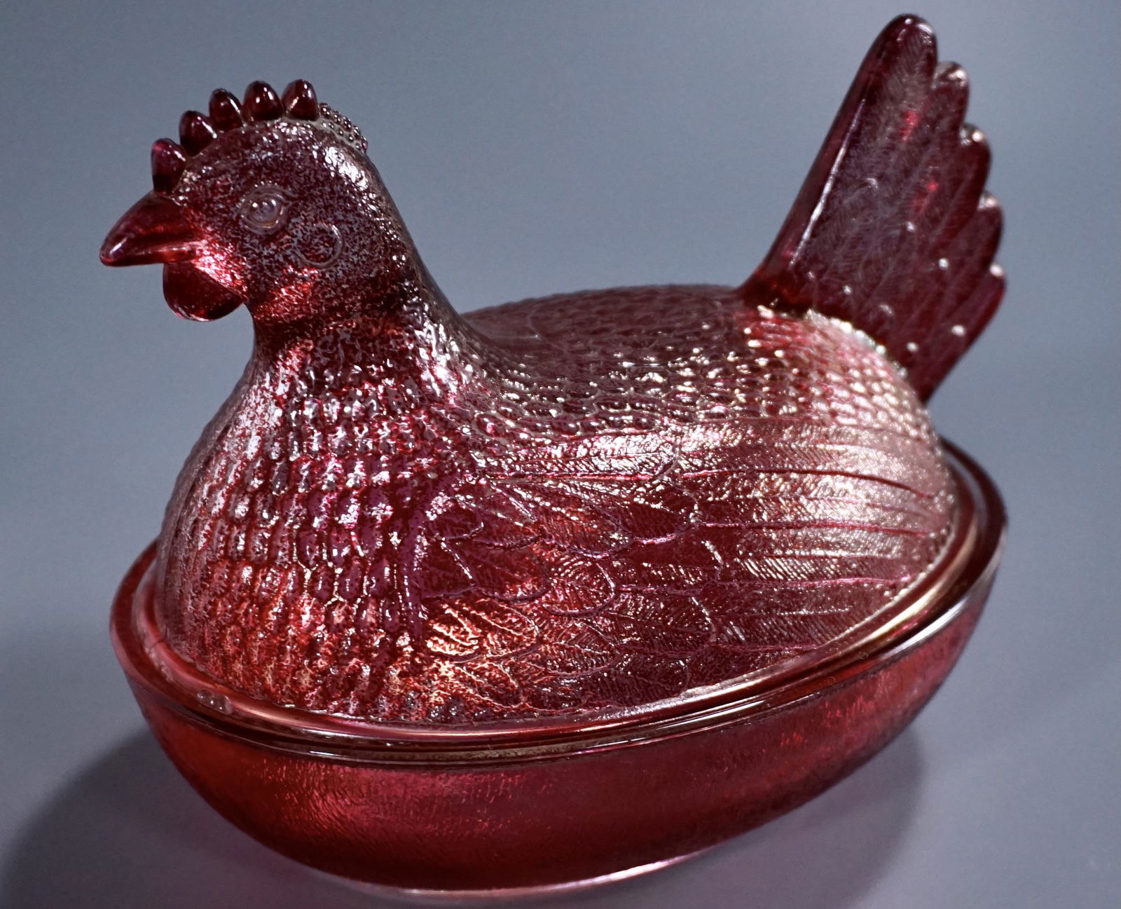 Splashed Ruby Glass Hen Basket Oval Chicken Box (1 of 5)