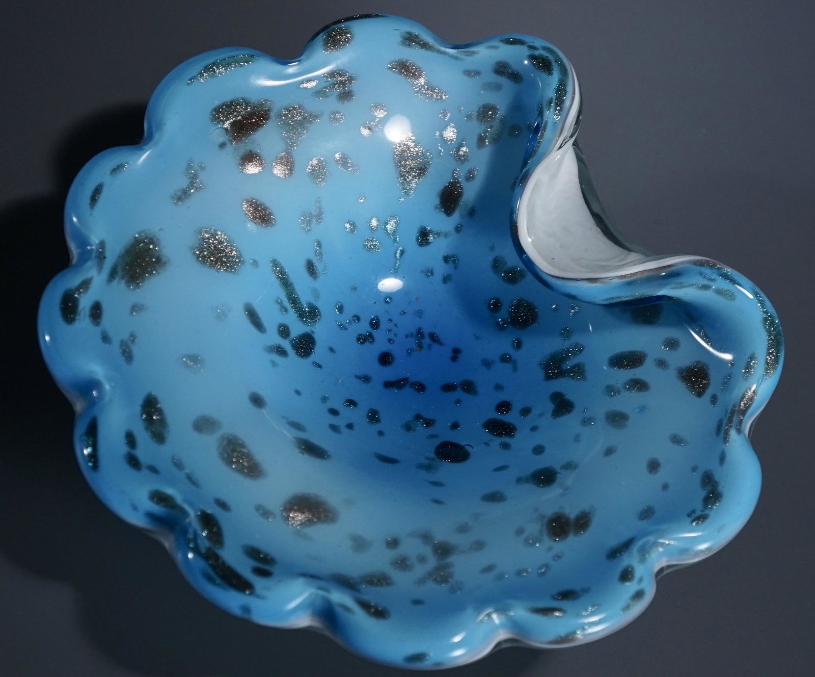 Italian Cased Blue Art Glass Silver Fleks Aventurine: Italian Cased Blue Art Glass Silver Fleks Aventurine Mid Century Bowl Approximately 8 3/4 x 7 5/8 x 2 3/4 inches tall.
