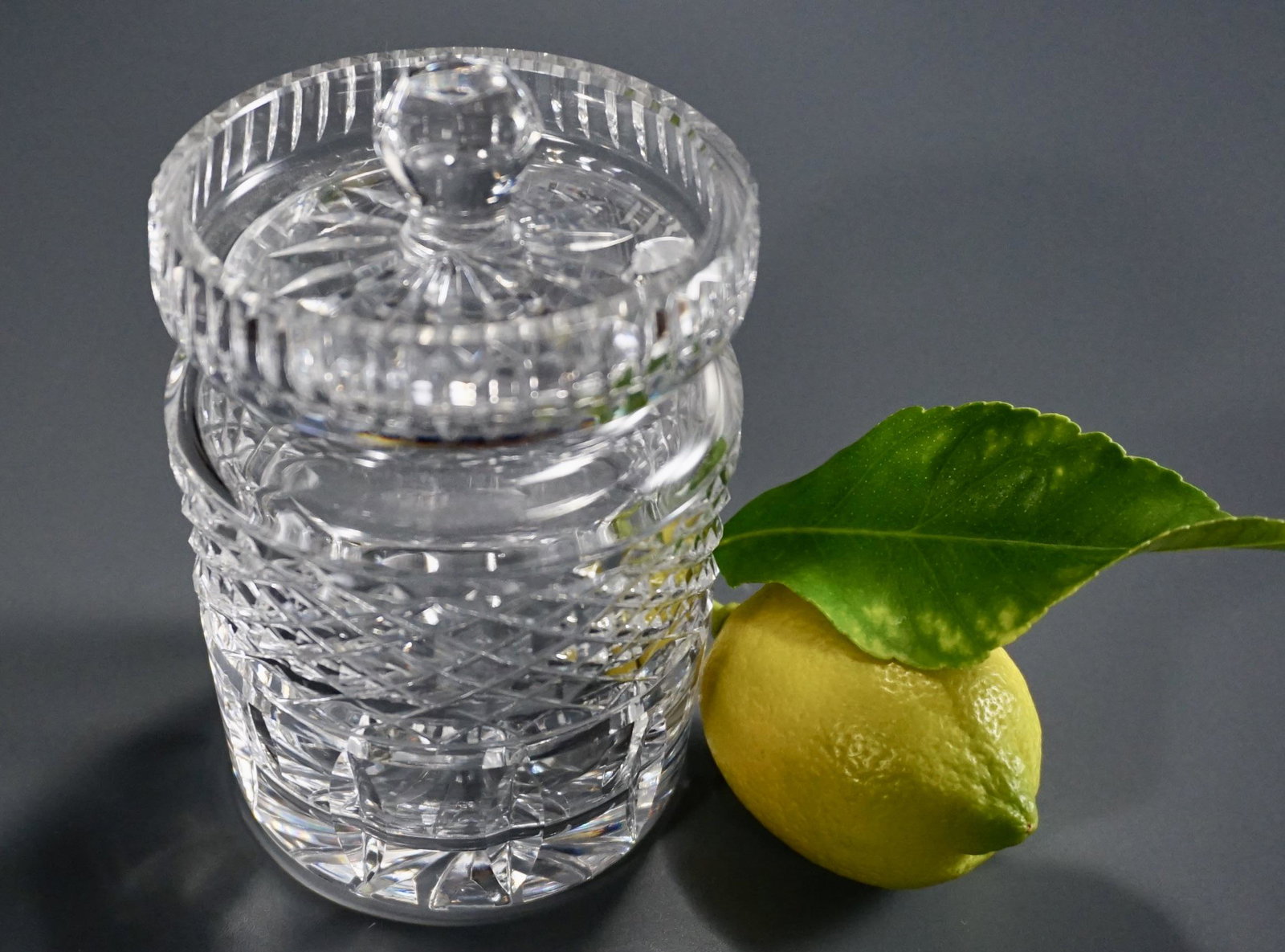 Waterford Castlemaine Crystal Jelly Mustard Jar Cut: Waterford Castlemaine Crystal Jelly Mustard Jar Cut Glass Made in Ireland Approximately 3 inches in diameter x 4 5/8 inches tall overall.
