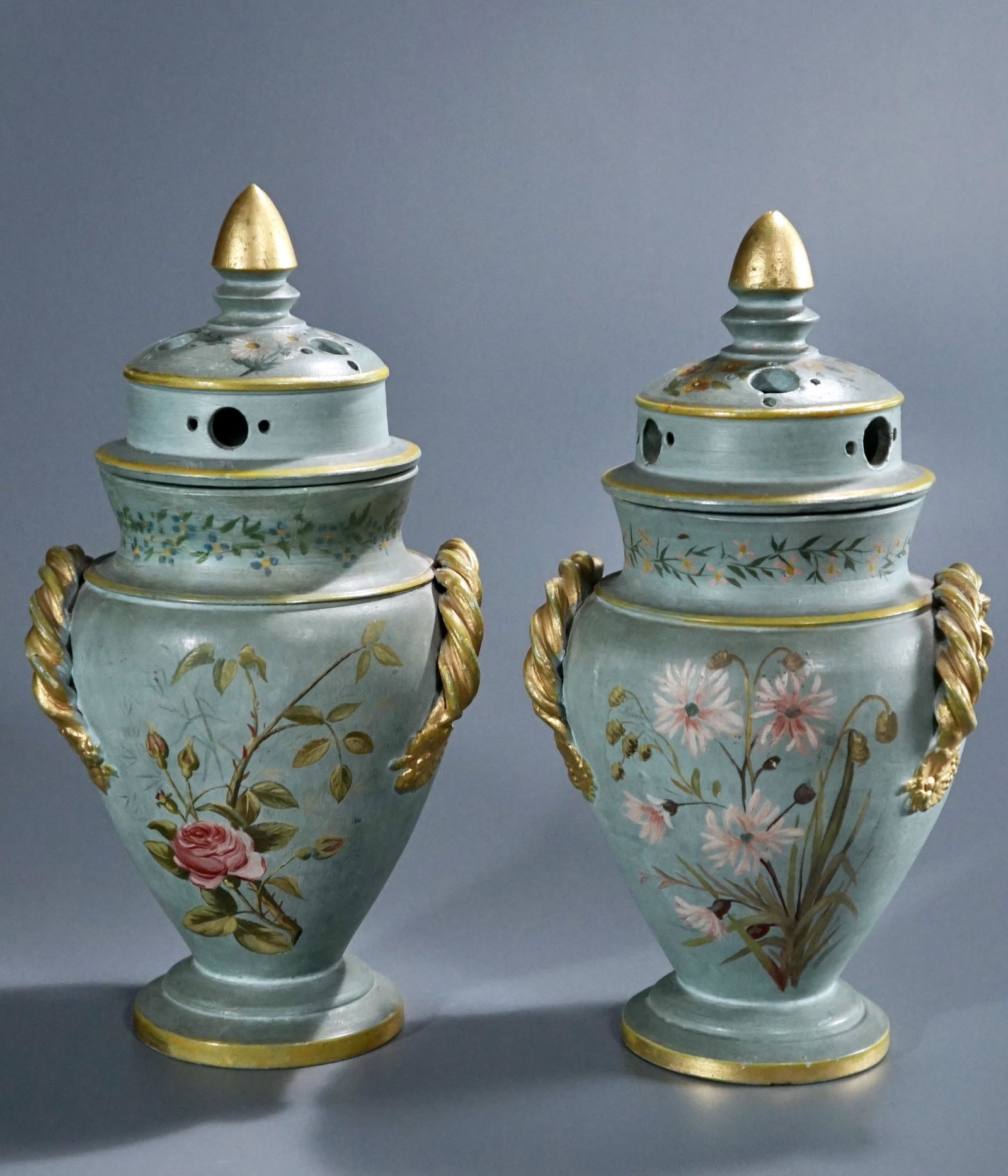 Potpourri Vase Lot of 2 Pair Blue Hand Painted Ceramic (1 of 10)