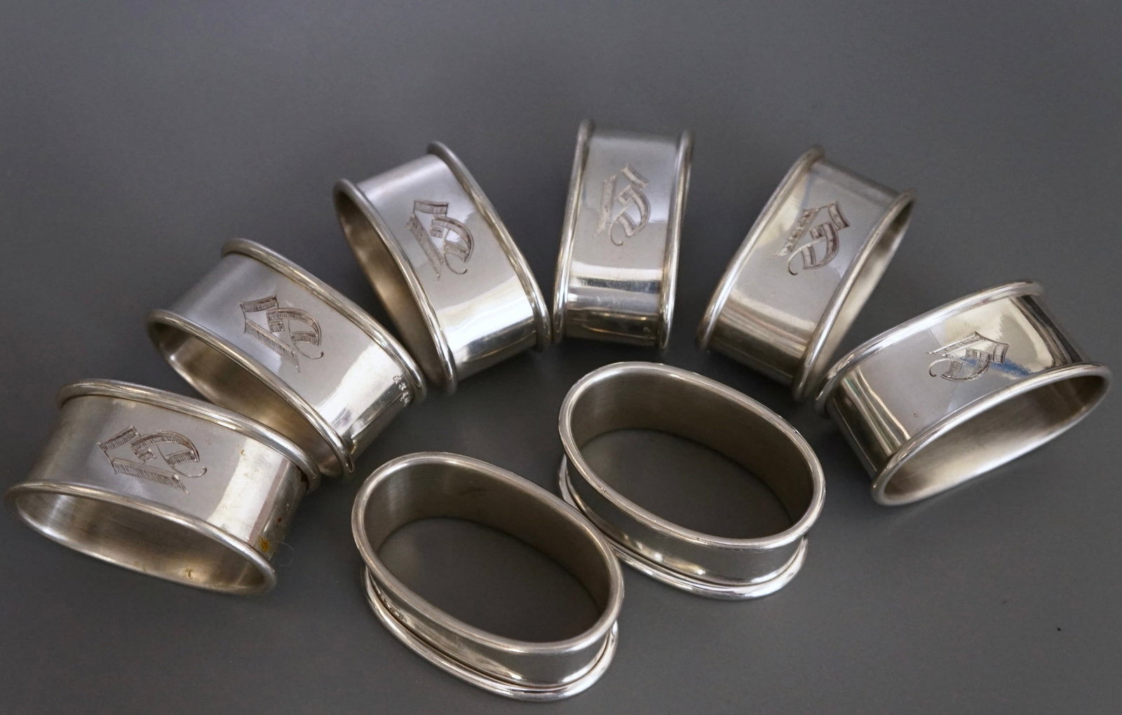Modern Monogrammed Hallmarked Pewter Oval Napkin Ring Lot of 8 Vintage Napkin Rings c 1970 (1 of 4)