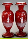 Very Fine and Rare Pair of Harrach Bohemian Scarlet Red Overlay Jeweled Mary Gregory Style Vases c
