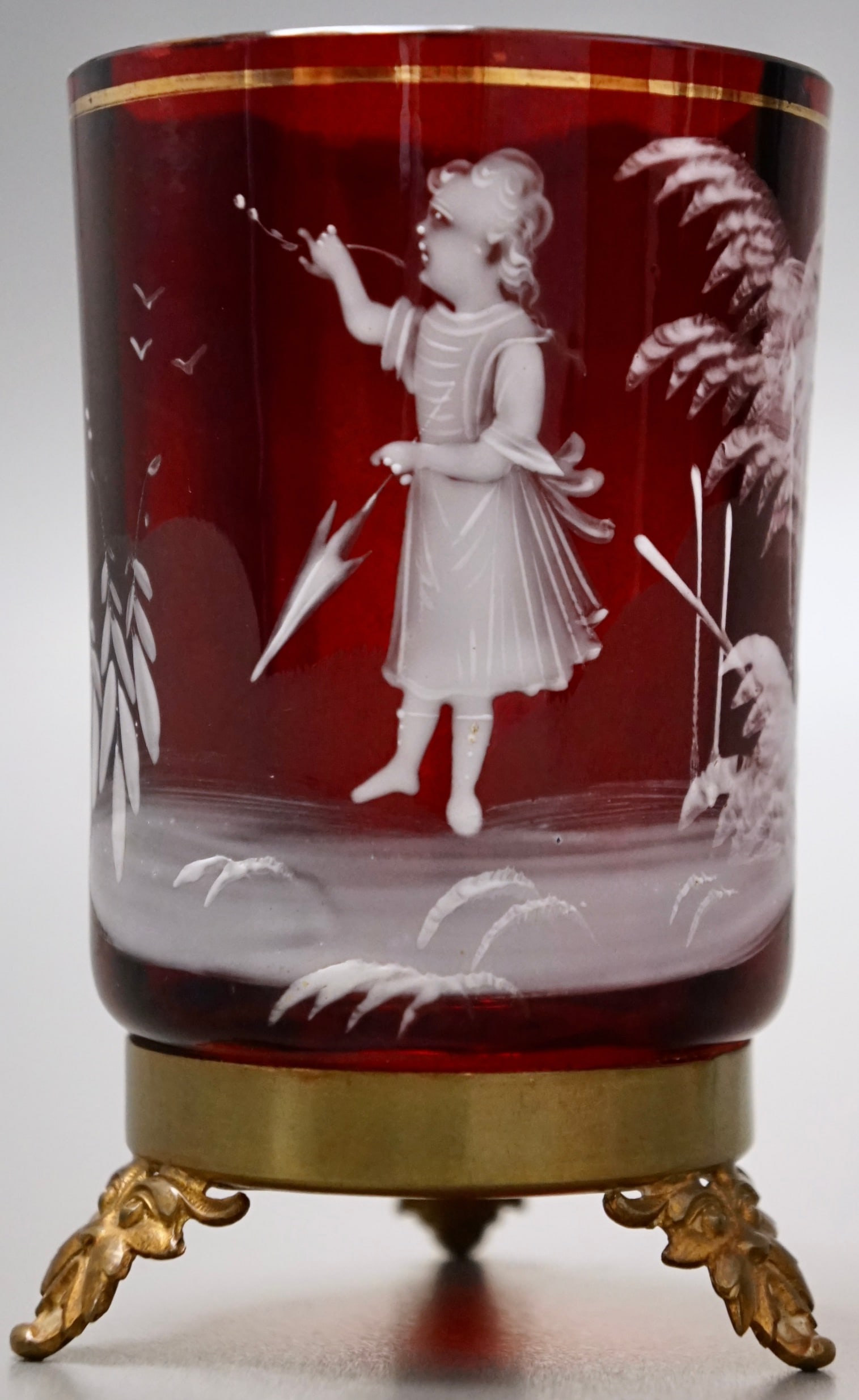 Antique Ruby Red Victorian Mary Gregory Vase on Cast Gold Tone Metal Mascaron Footed Base (1 of 9)