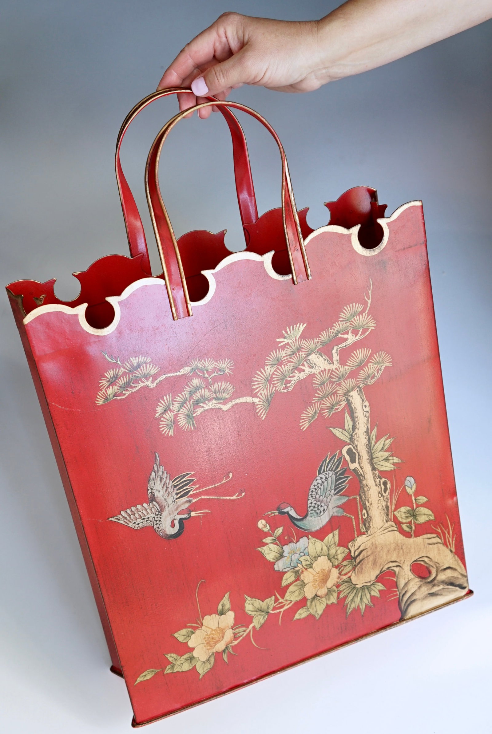 Red Chinoiserie Tole Tin Bucket with Crane Decoration shaped as a Shopping Bag Designer Wastebasket (1 of 8)