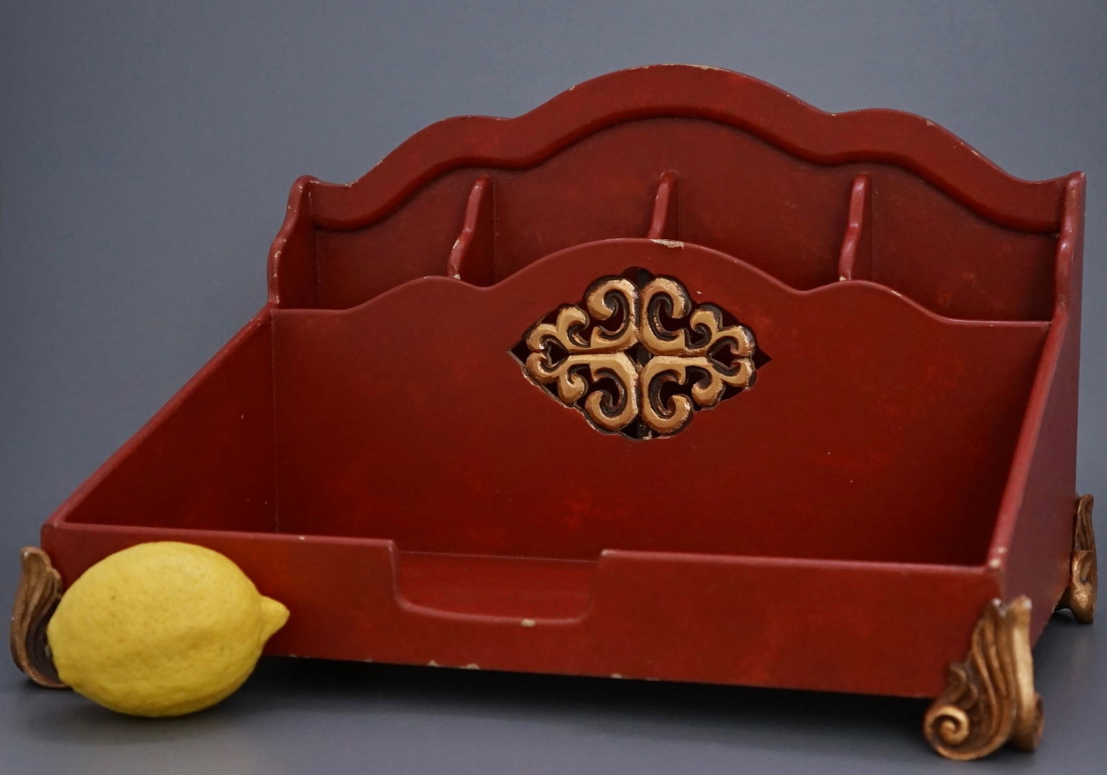 Chinese Red Painted Letter Holder Desktop Organizer With Carved Gold Accent (1 of 6)