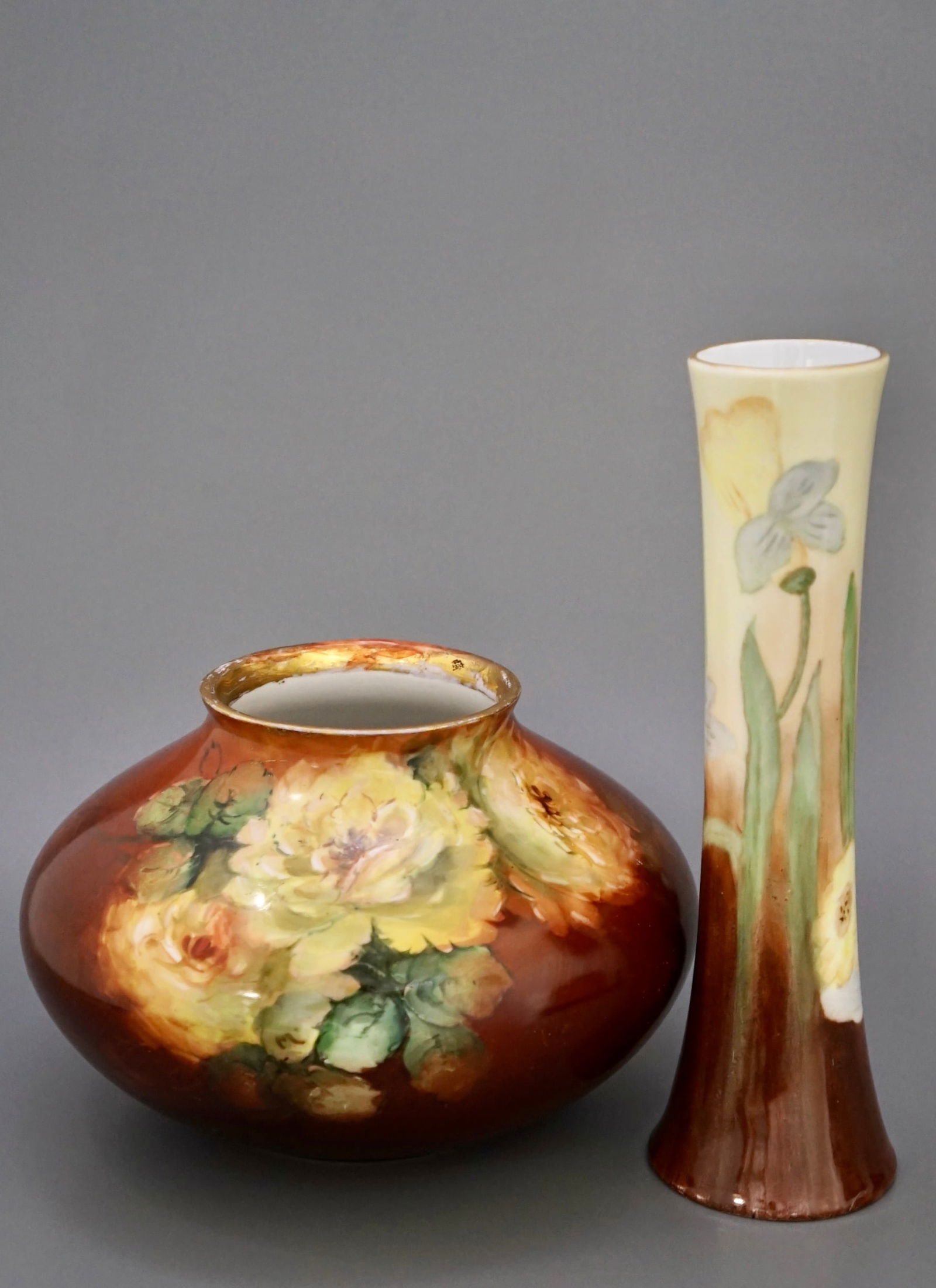 Antique Painted Porcelain Vase c 1900 Lot of 2 Vases Bernardaud & Co Limoges France and Vienna: Antique Painted Porcelain Vase c 1900 Lot of 2 Vases Bernardaud & Co Limoges France and Vienna Austria Approximately 6 inches tall x 8 3/4 inches in diameter and 10 inches tall x 3 inches in diameter.