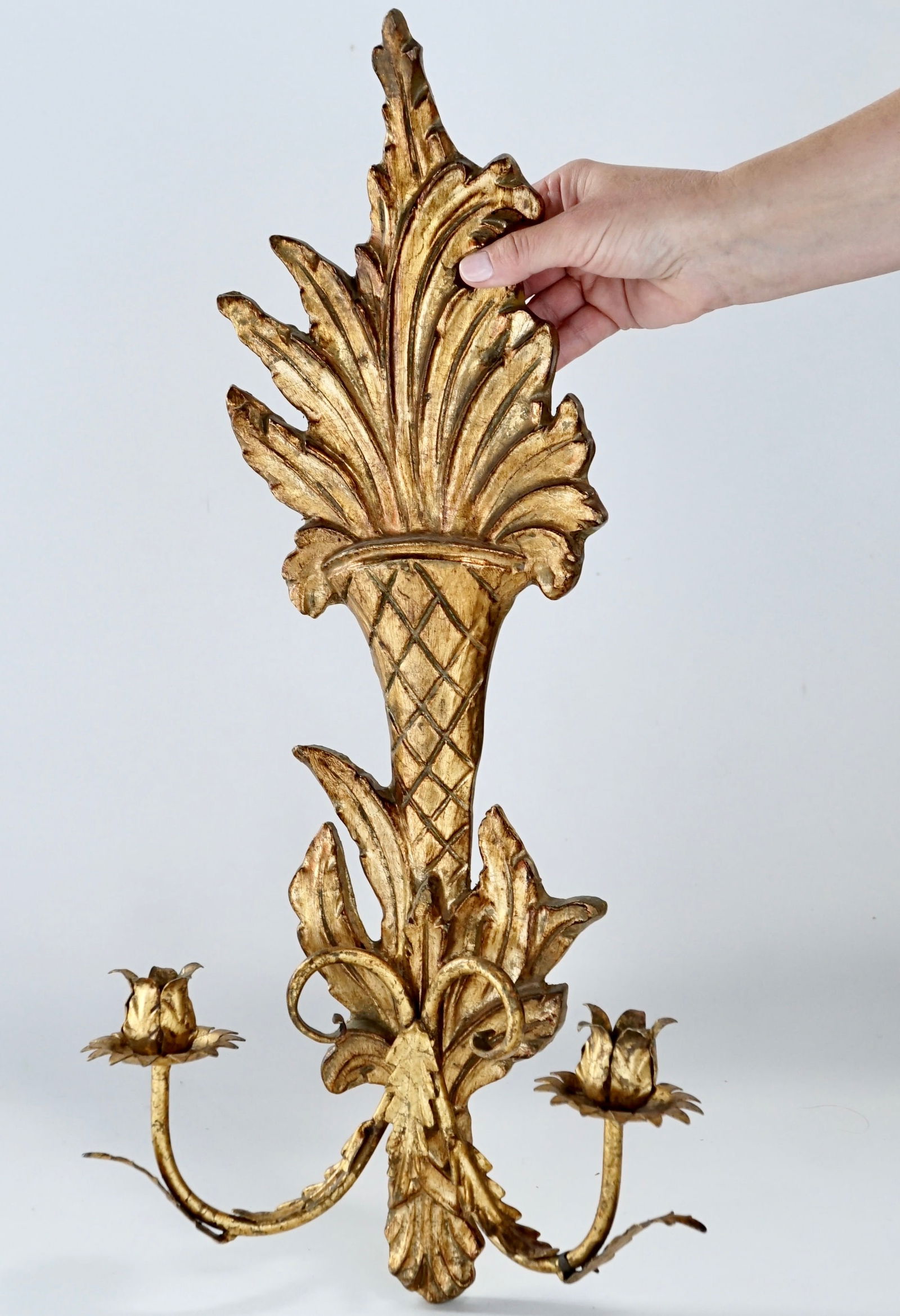Italian Gold Leaf Gilded Tole Carved Wood 2-candle Sconce (1 of 8)