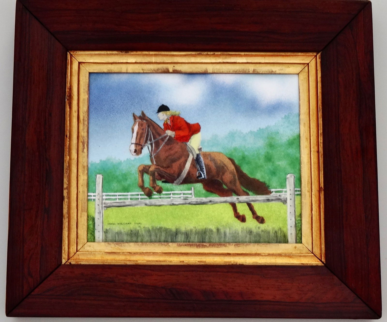 Equestrian Sport Jockey Jumping Horse Enamel on Copper Plaque Framed Painting (1 of 10)