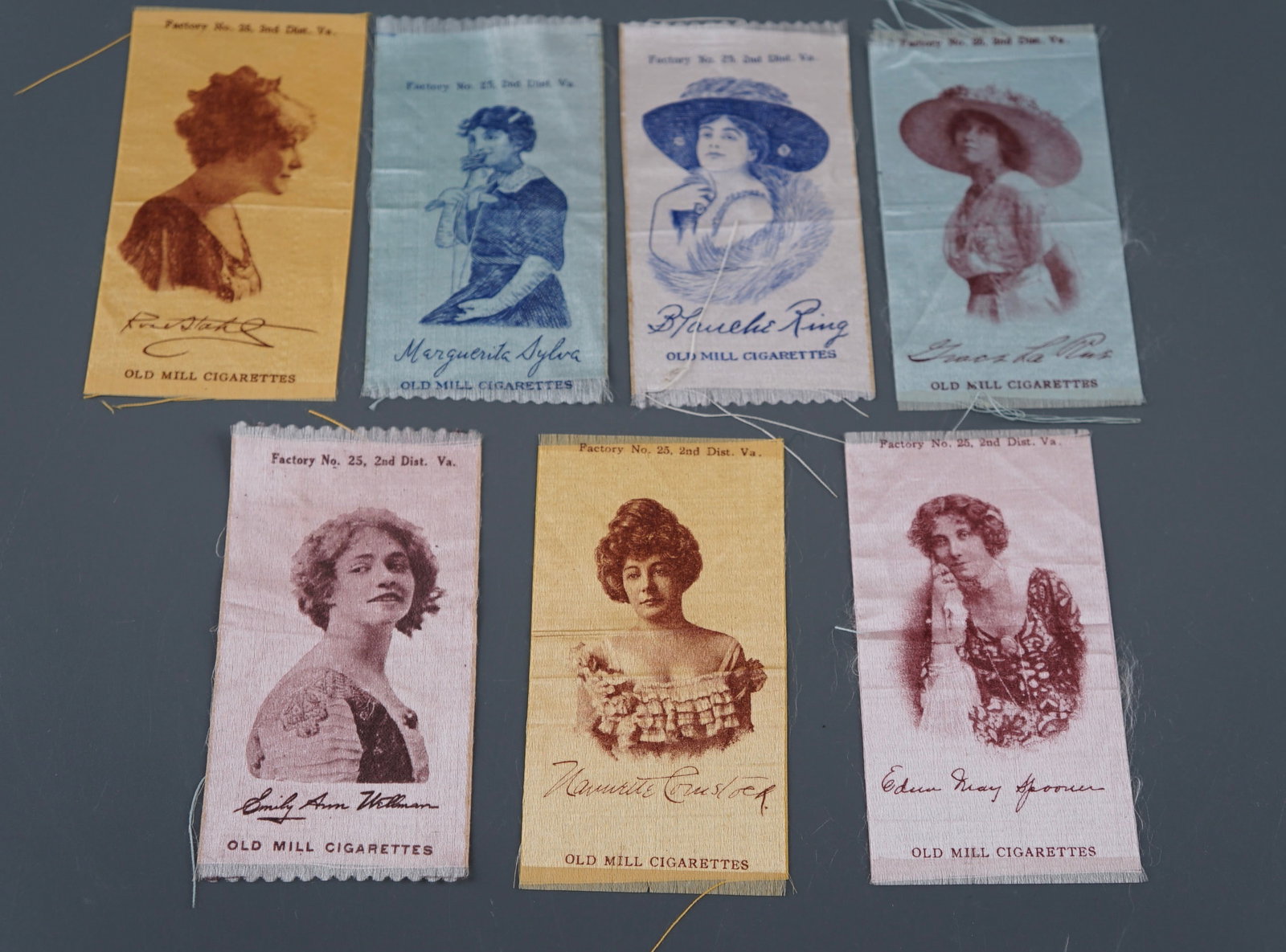 Antique Tobacco Old Mill Cigarette Silk c.1910 Beautiful Ladies Lot of 7 Collectible Portrait Silks: Antique Tobacco Old Mill Cigarette Silk c.1910 Beautiful Ladies Lot of 7 Collectible Portrait Silks Approximately 1 3/4 x 3 1/4 inches.