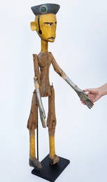 Large Articulated Antique Colonial Carved Wood Figurine in French Beret Military Uniform