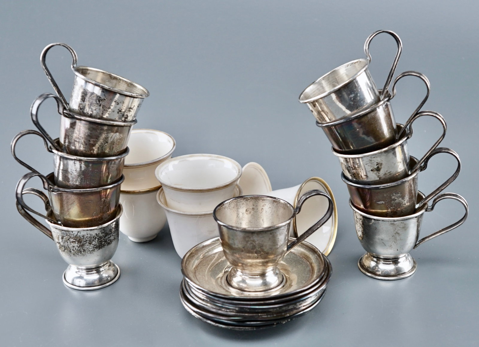 Sterling Silver and Porcelain Demitasse Cup Holder Saucer Monogrammed Damaged Sold by the Silver: Sterling Silver and Porcelain Demitasse Cup Holder Saucer Monogrammed Damaged Sold by the Silver Weight Hallmarked Sterling Scrap Metal Only Approximately 313 grams total weight of Sterling Silver, no
