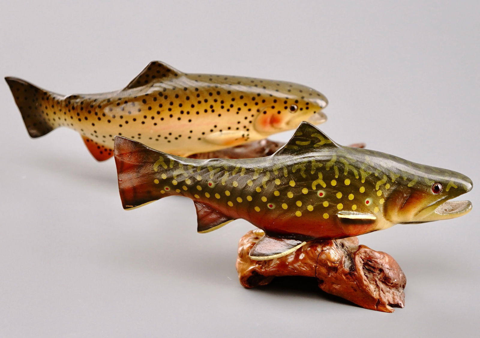 Big Sky Carvers Trout Handcrafted Fish Figurines on Wooden Base Lot of 2 Carved Wood and Painted: Big Sky Carvers Trout Handcrafted Fish Figurines on Wooden Base Lot of 2 Carved Wood and Painted Fishing Theme Decorations Approximately 8 x 2 1/2 x 3 1/2 inches tall. Shipping Estimate:SHIPTHEBAY est