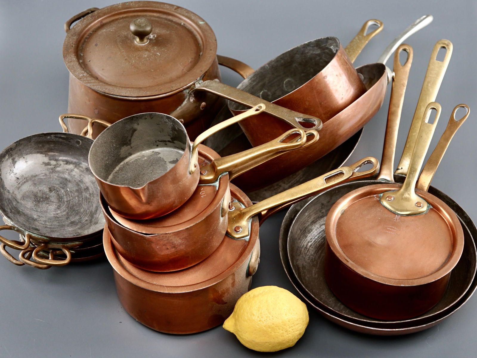 Vintage French Copper Cookware Pots Pans Casseroles Fry Pan Saute Oval Skillet Tin Lined Charles R: Vintage French Copper Cookware Pots Pans Casseroles Fry Pan Saute Oval Skillet Tin Lined Charles R Ruegger New York Bazar Francais Made in France and other copper items as pictured. Smaller pan is app