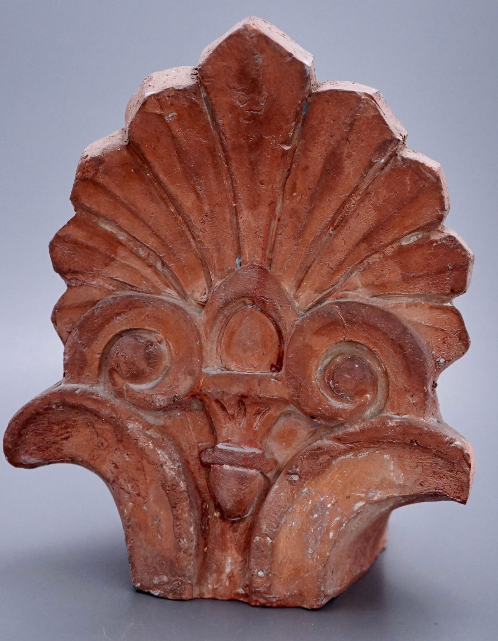 Antique Terracotta Roof Crown Tile Antefix Anthemion Palmette Hand Molded Center Topper: Antique Terracotta Roof Crown Tile Antefix Anthemion Palmette Hand Molded Center Topper Architectural Salvage Approximately 7 1/4 x 6 1/2 x 9 inches tall, the oval opening on the back inner size is ab