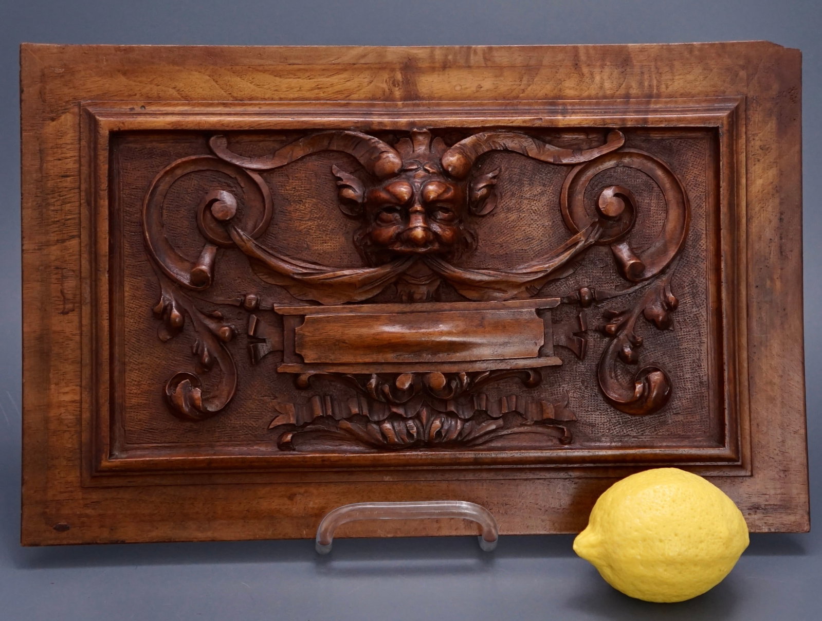 Carved Walnut Devil Face Panel France c.1880: Carved Walnut Devil Face Panel France c.1880 Approximately 9 5/8 x 15 inches. Shipping Estimate:SHIPTHEBAY estimate for shipping of this lot in the Continental US is $36, which includes pick up, packi