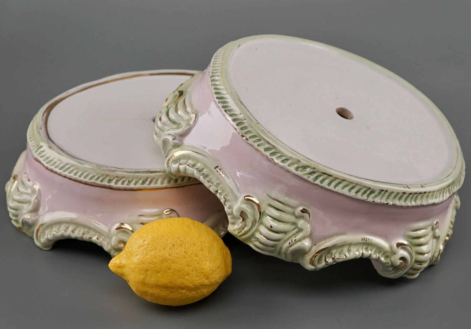 Italian Ceramic Pedestal Base Lot of 2 Vintage Mid Century Lamp or Statue Bases: Italian Ceramic Pedestal Base Lot of 2 Vintage Mid Century Lamp or Statue Bases Each is approximately 10 x 8 1/2 inches, measured at the bottom x 6 3/4 x 6 1/4 top inner white glazed area, with the ap