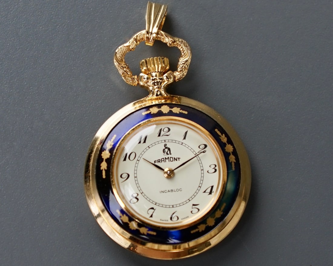 Cobalt Enamel Accented Swiss Pendant Watch Framont Mechanical Wind Up Jeweled Movement: Cobalt Enamel Accented Swiss Pendant Watch Framont Mechanical Wind Up Jeweled Movement All Framont Swiss made watches are vintage, old stock but never used, no wears or damages, in working condition, 