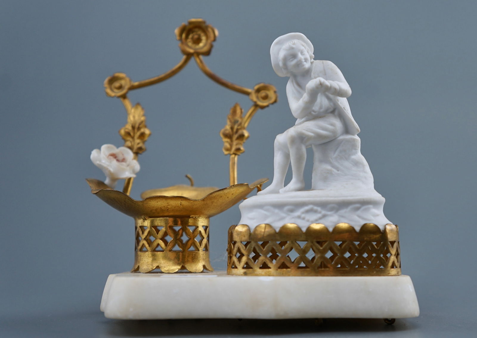 Antique Pocket Watch Stand Holder Miniature White Bisque Figurine on Marble Base (1 of 6)