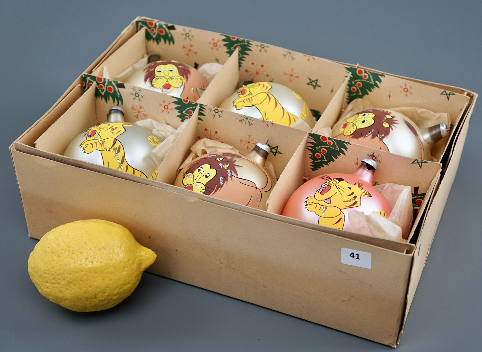 Tiger Lion Hand Painted Vintage Christmas Tree Ornament Boxed Lot of 6 (1 of 4)