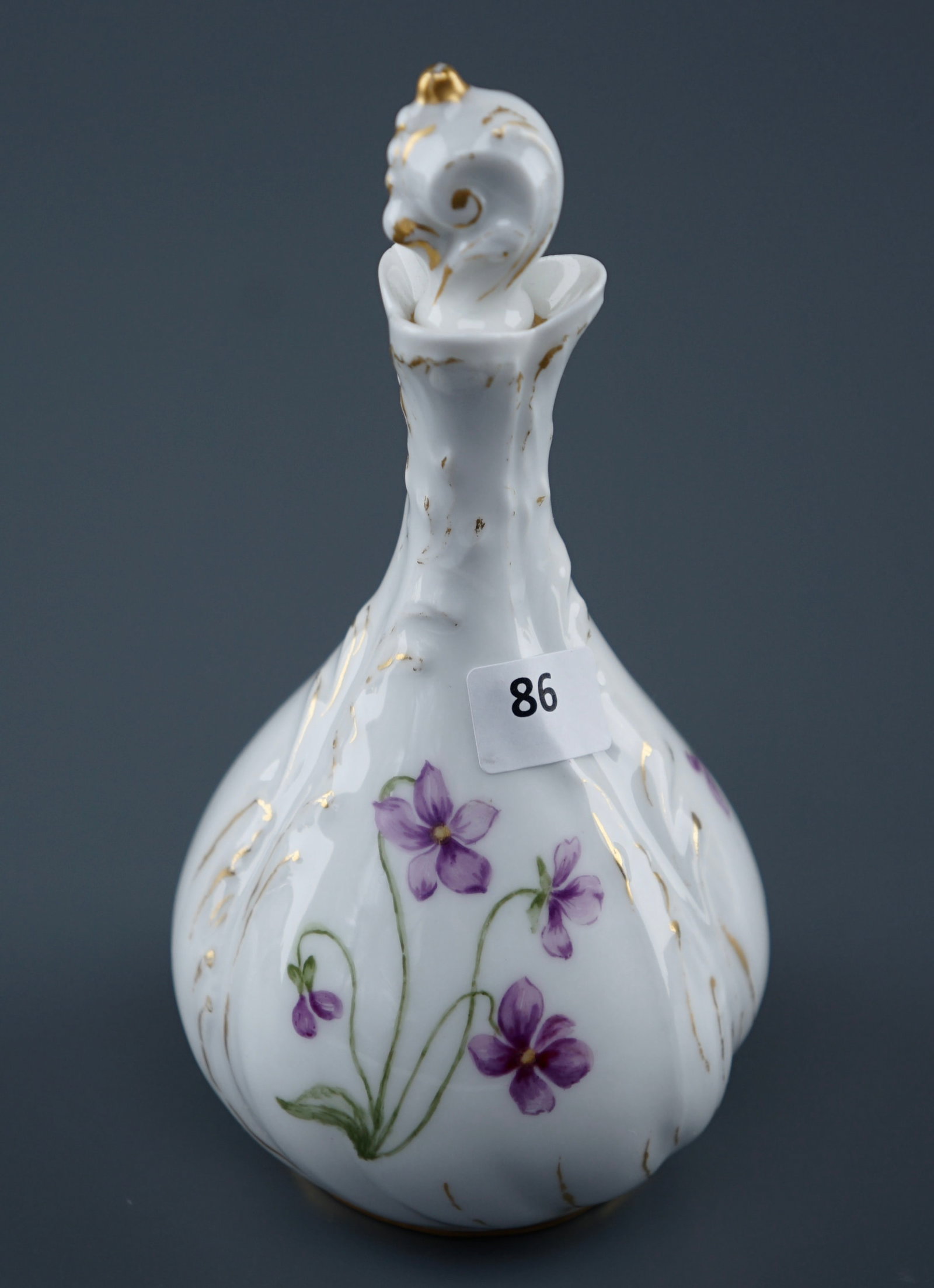 French Martial Redon Porcelain Violet Flower Hand Painted Scent Bottle Limoges France late 19th: French Martial Redon Porcelain Violet Flower Hand Painted Scent Bottle Limoges France late 19th Century Approximately 5 3/4 inches tall overall. SHIPPING & PICKUP: For local customers pickup is free f