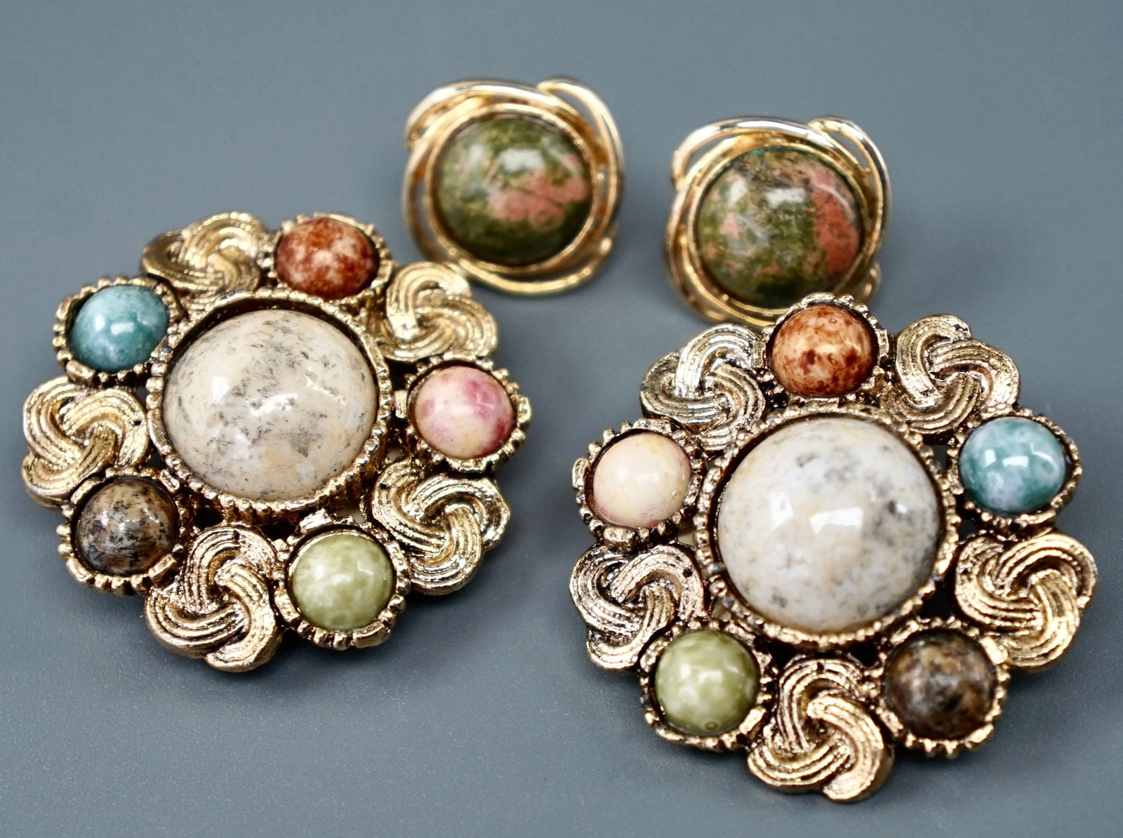 Natural Stone Stud Earrings & Vintage c1980 Large Multi Colored Costume Clip On Earrings (1 of 4)
